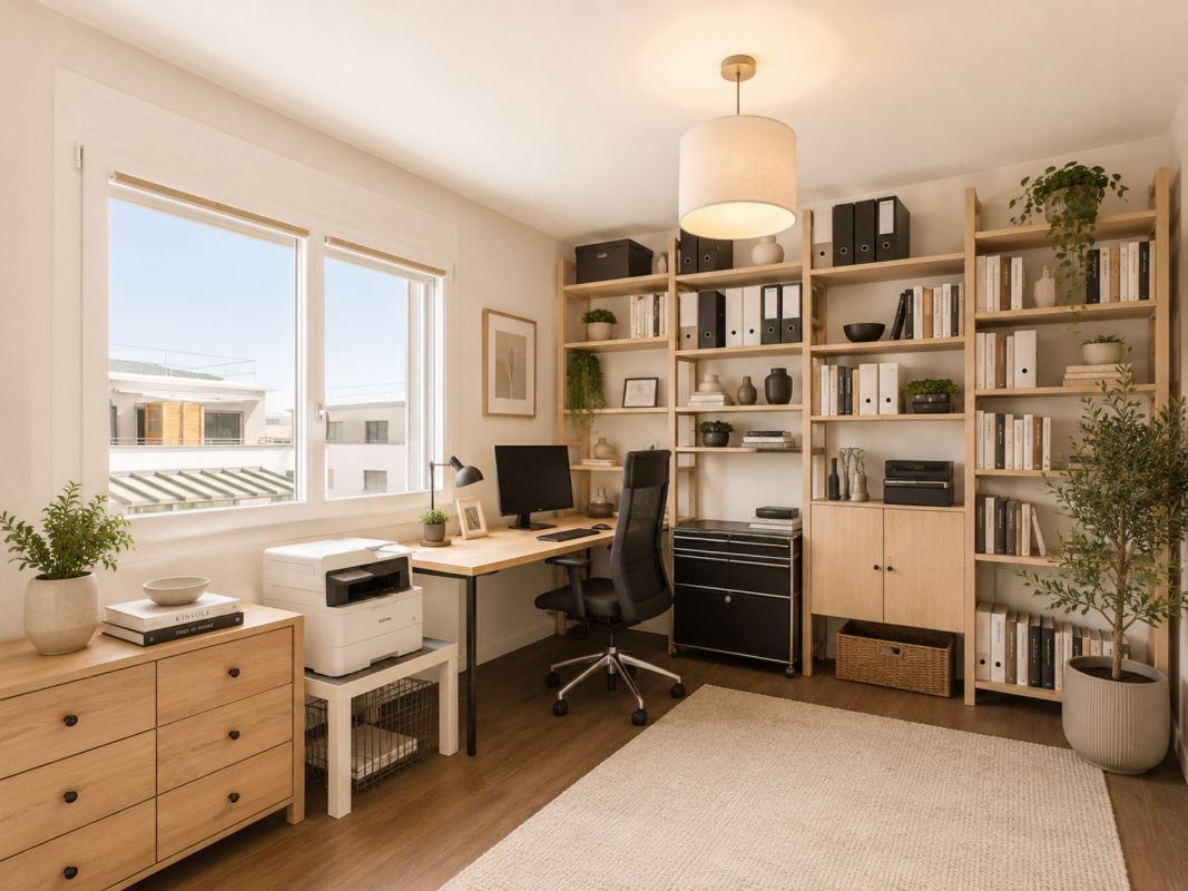 Helles Homeoffice mit Regalen und Schreibtisch
