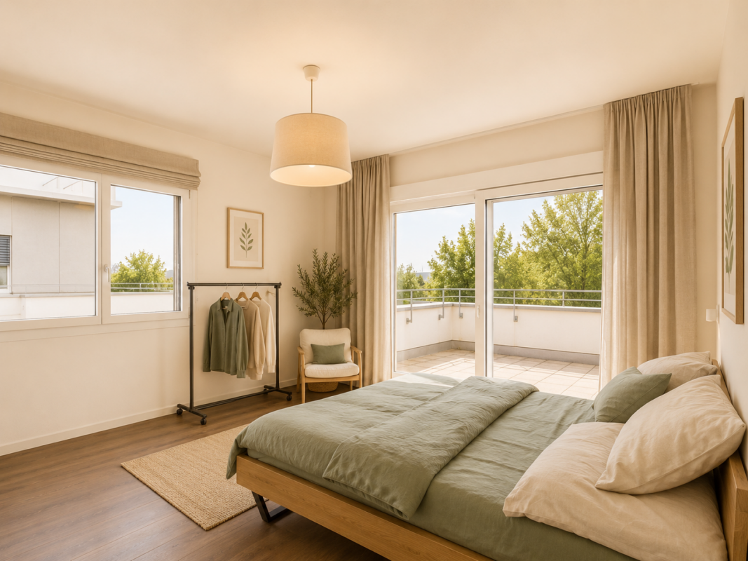 Helles Schlafzimmer mit Balkonzugang