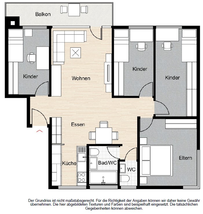 Grundriss einer Wohnung mit Balkon, Wohn-, Ess-, Küchen-, Kinder- und Elternbereichen