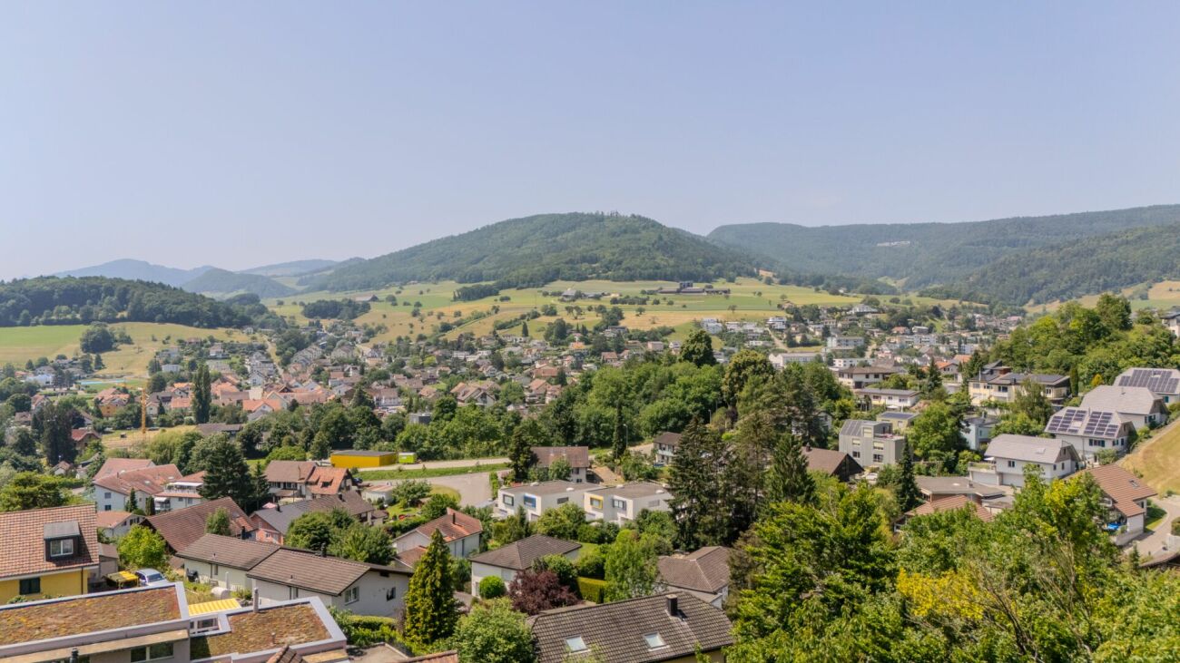 Panoramablick über eine grüne Tal- und Siedlungslandschaft