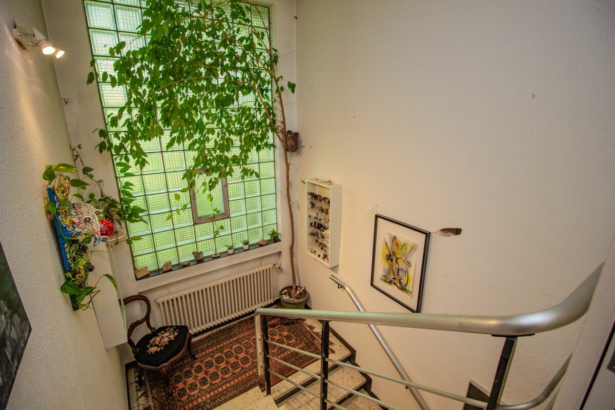 Treppenhaus mit Pflanzen und Glasbausteinfenster