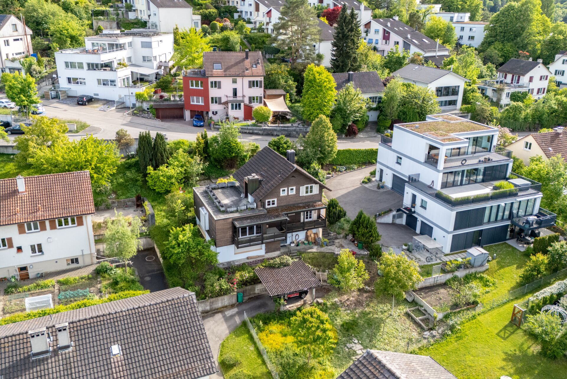 Luftaufnahme eines Wohnviertels mit Einfamilienhäusern und Gärten