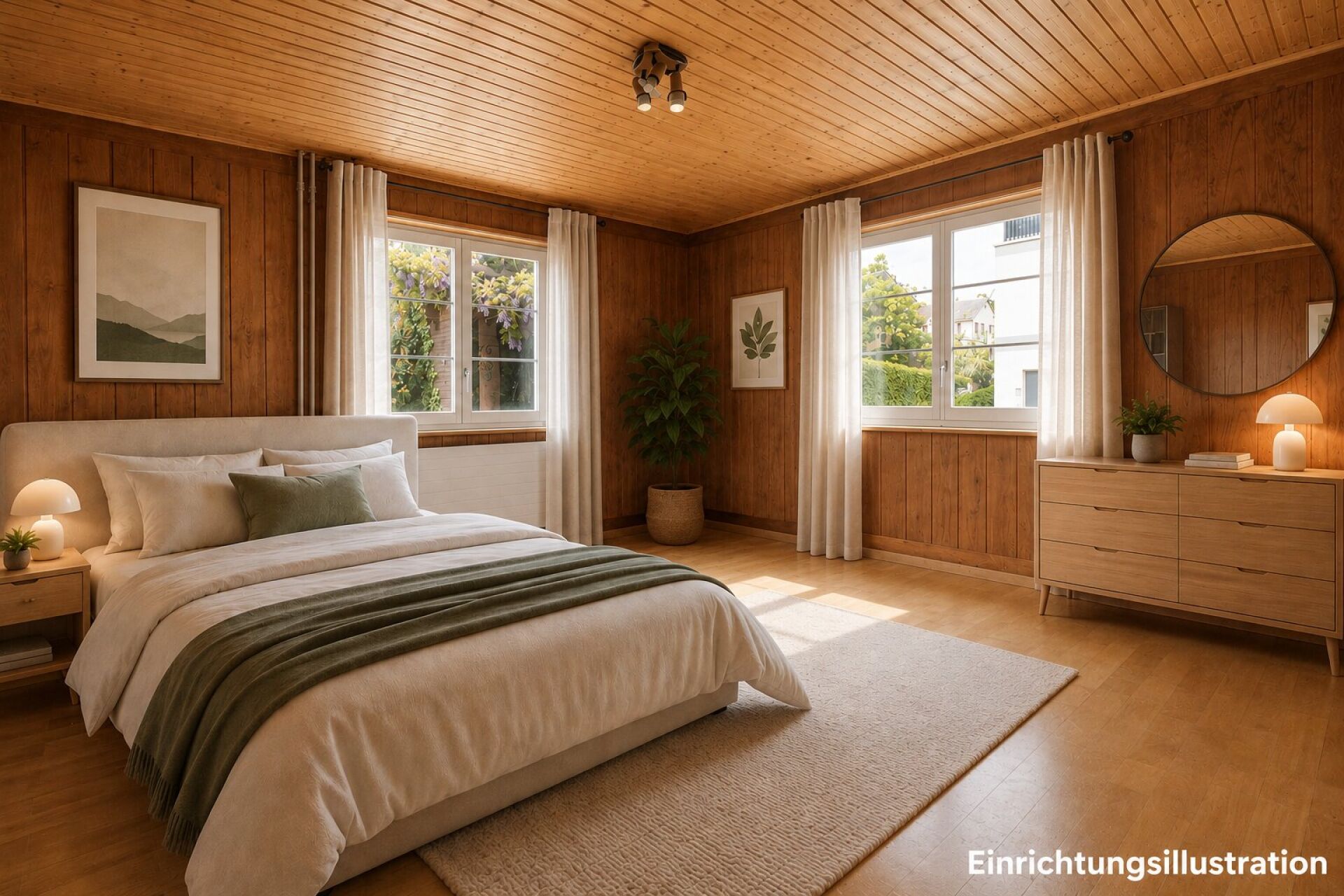 Helles Schlafzimmer mit Holzvertäfelung