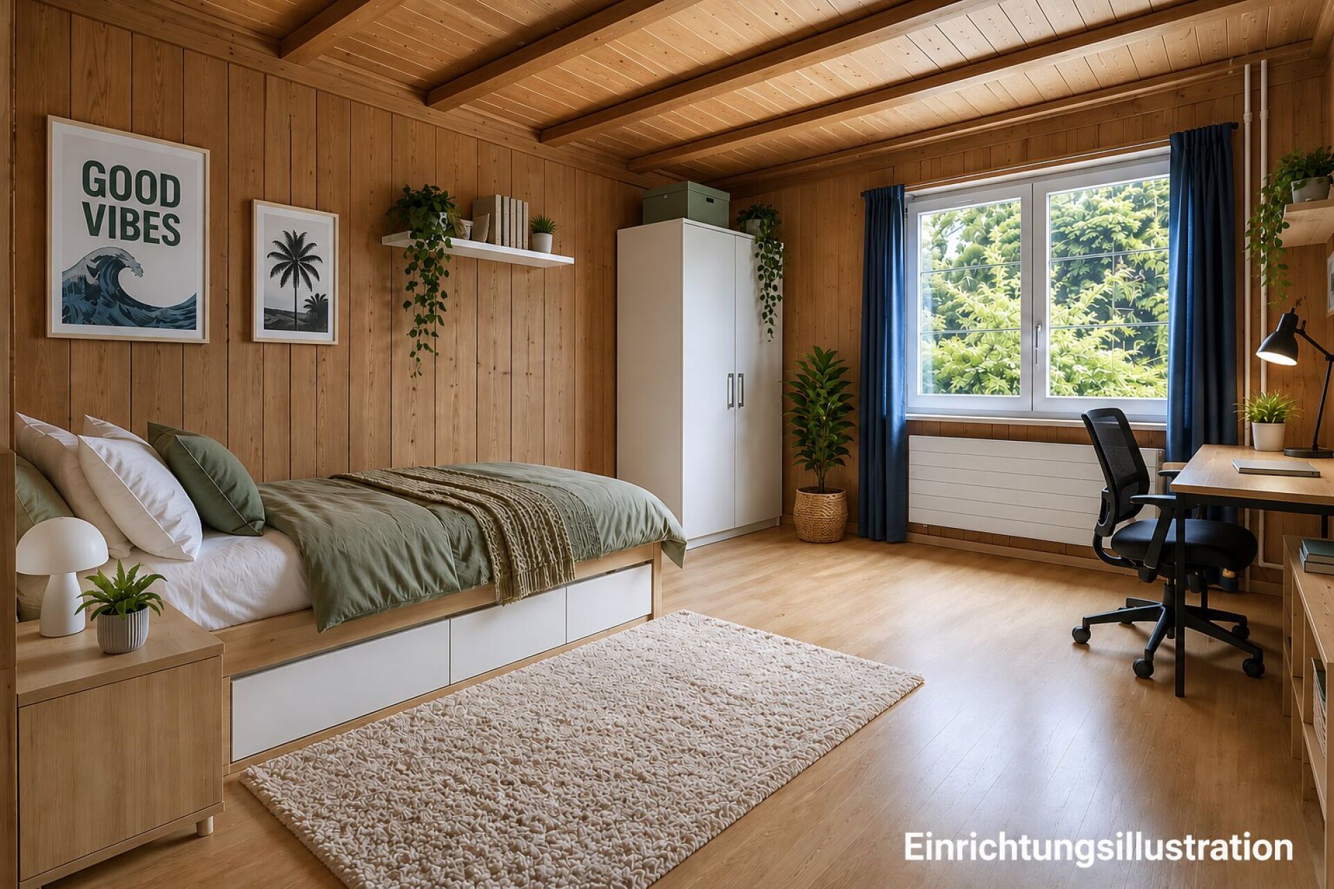 Gemütliches Holz-Schlafzimmer mit Arbeitsbereich