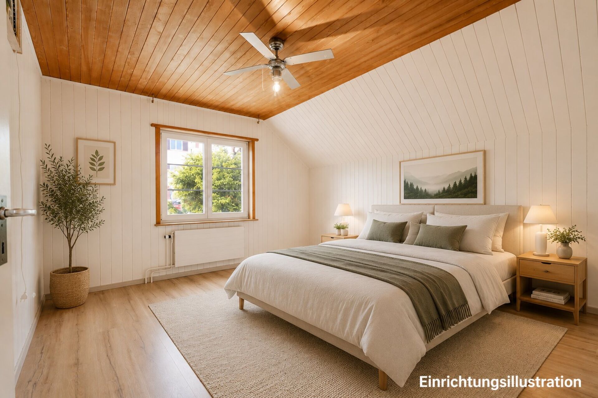 Helles Schlafzimmer mit Holzbalkendecke