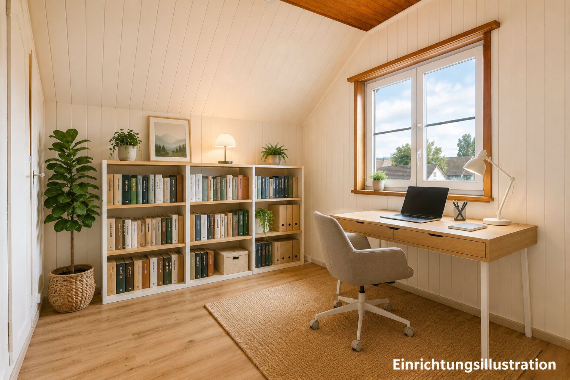 Heller Dachgeschoss-Arbeitsraum mit Bücherregal