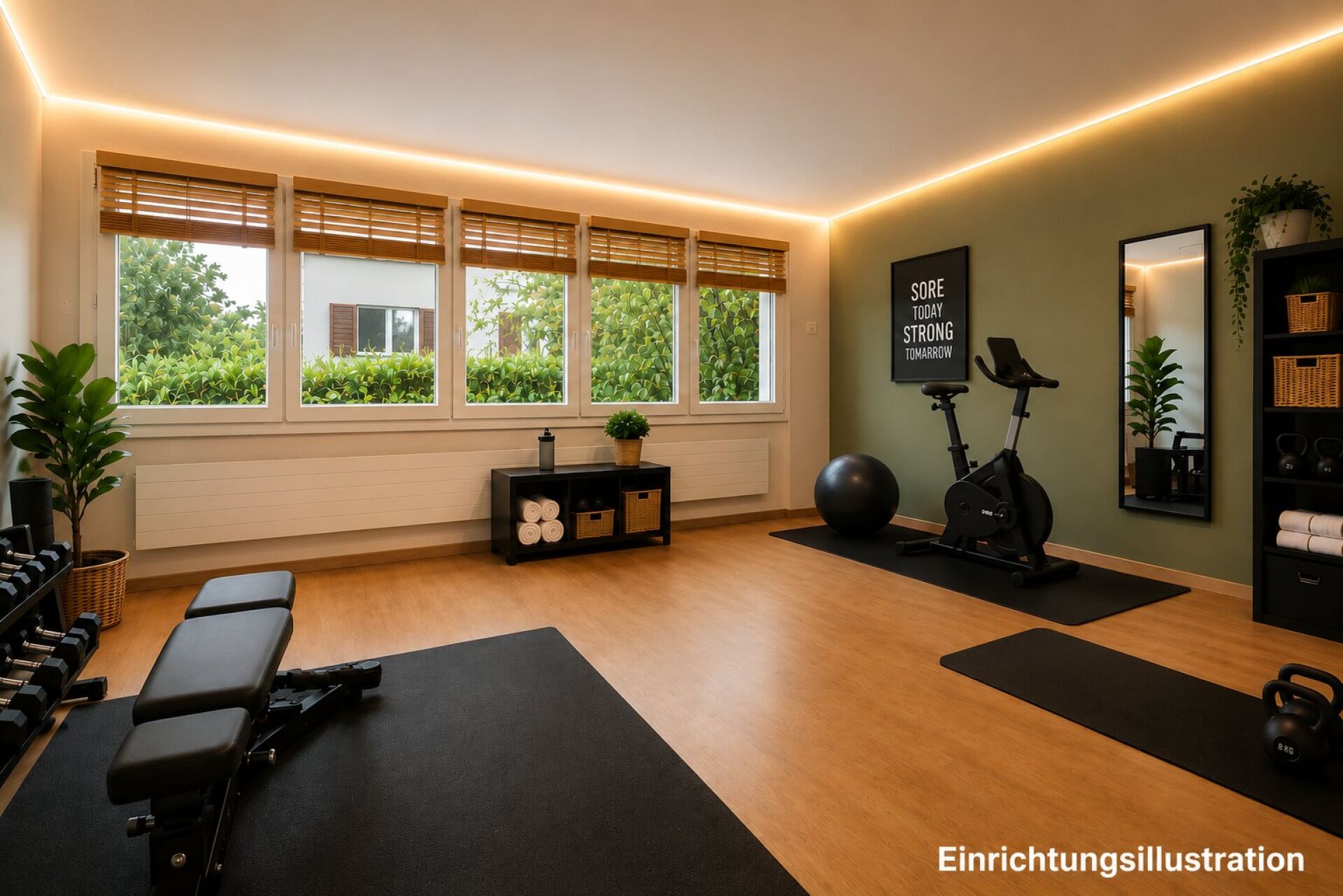 Heller Fitnessraum mit Holzoptikboden