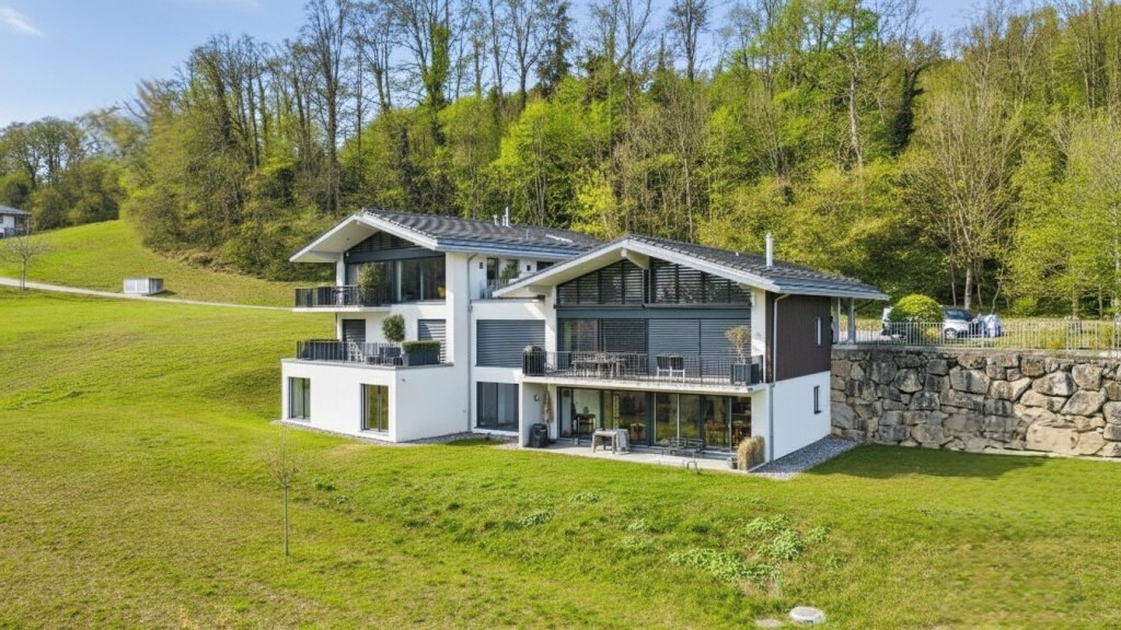 Modernes Haus am Hang mit großer Wiese