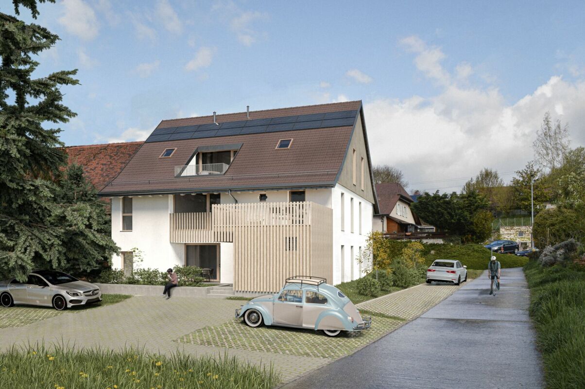 Modernes Wohnhaus mit PV-Anlage und Vorgarten