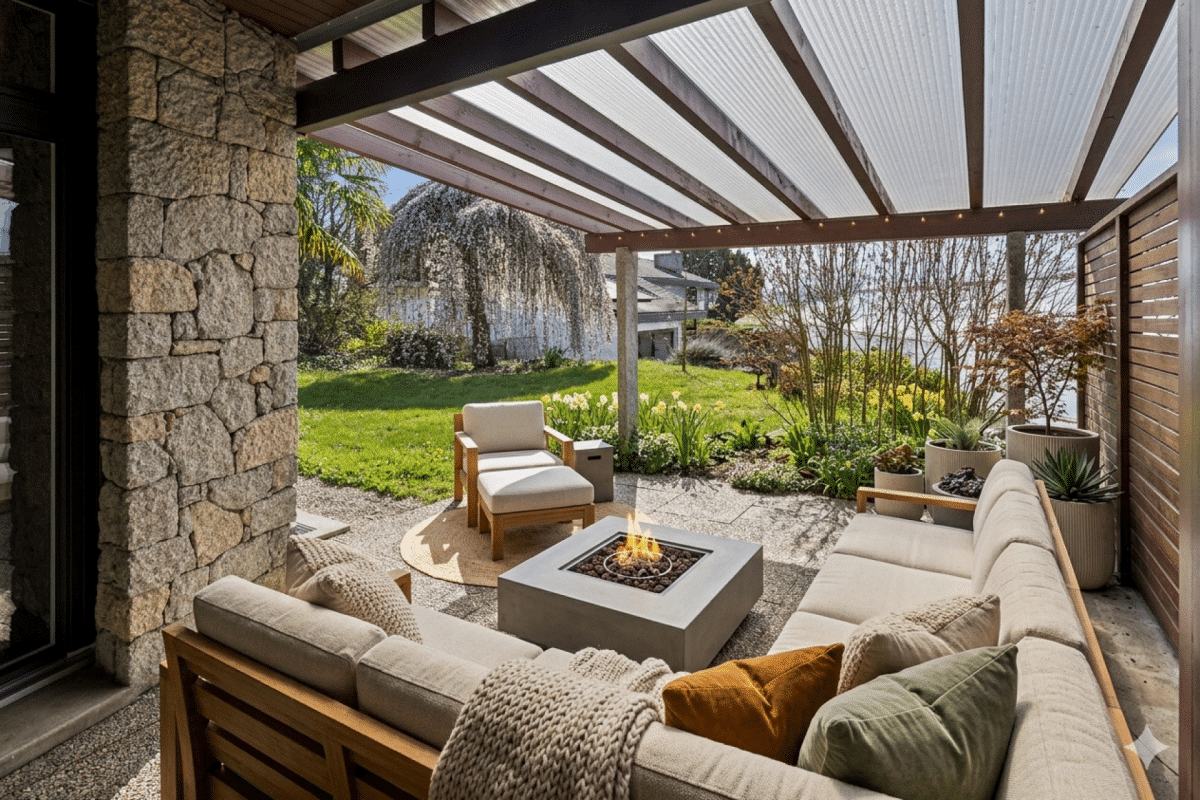Überdachte Gartenlounge mit Feuerstelle
