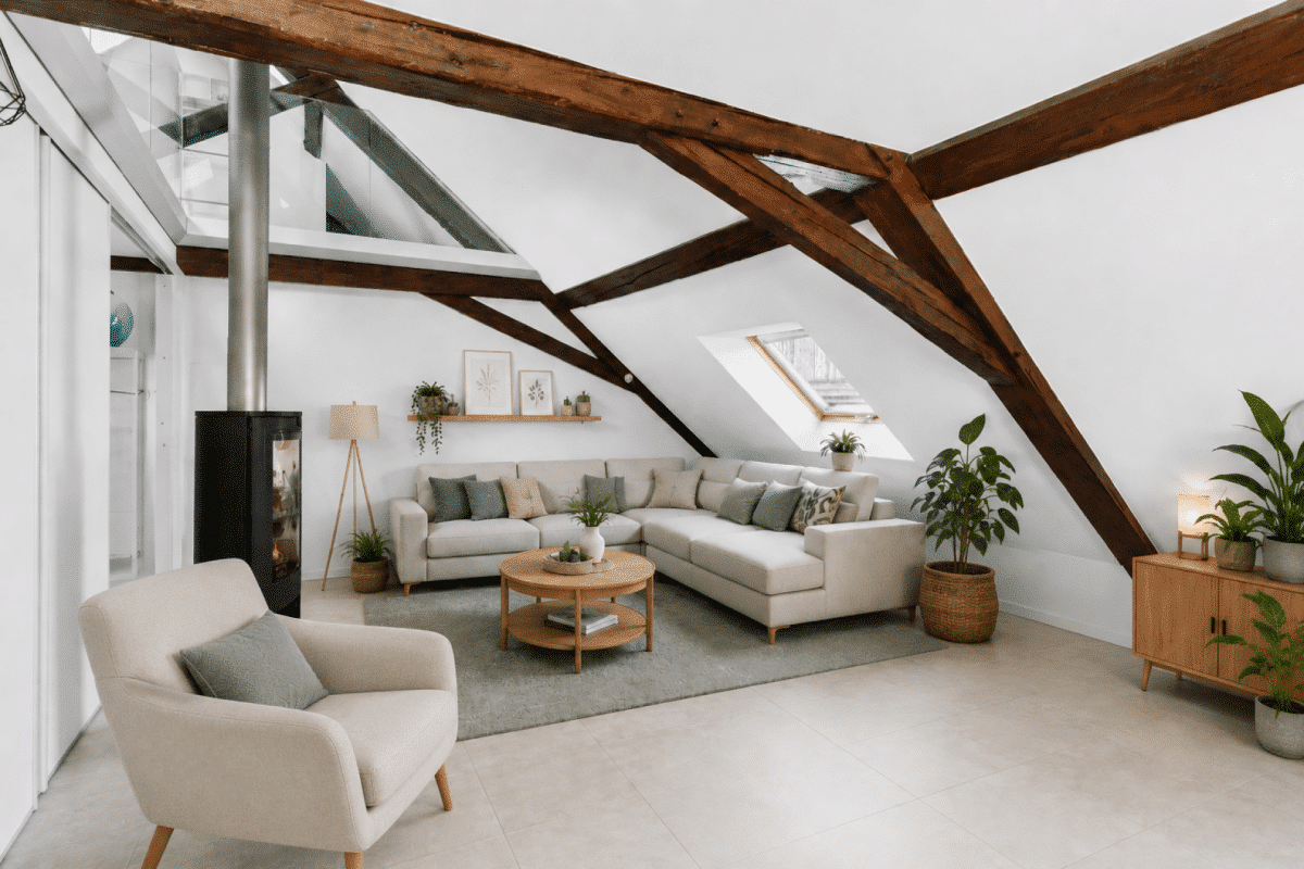 Heller Dachgeschoss-Wohnraum mit sichtbaren Holzbalken