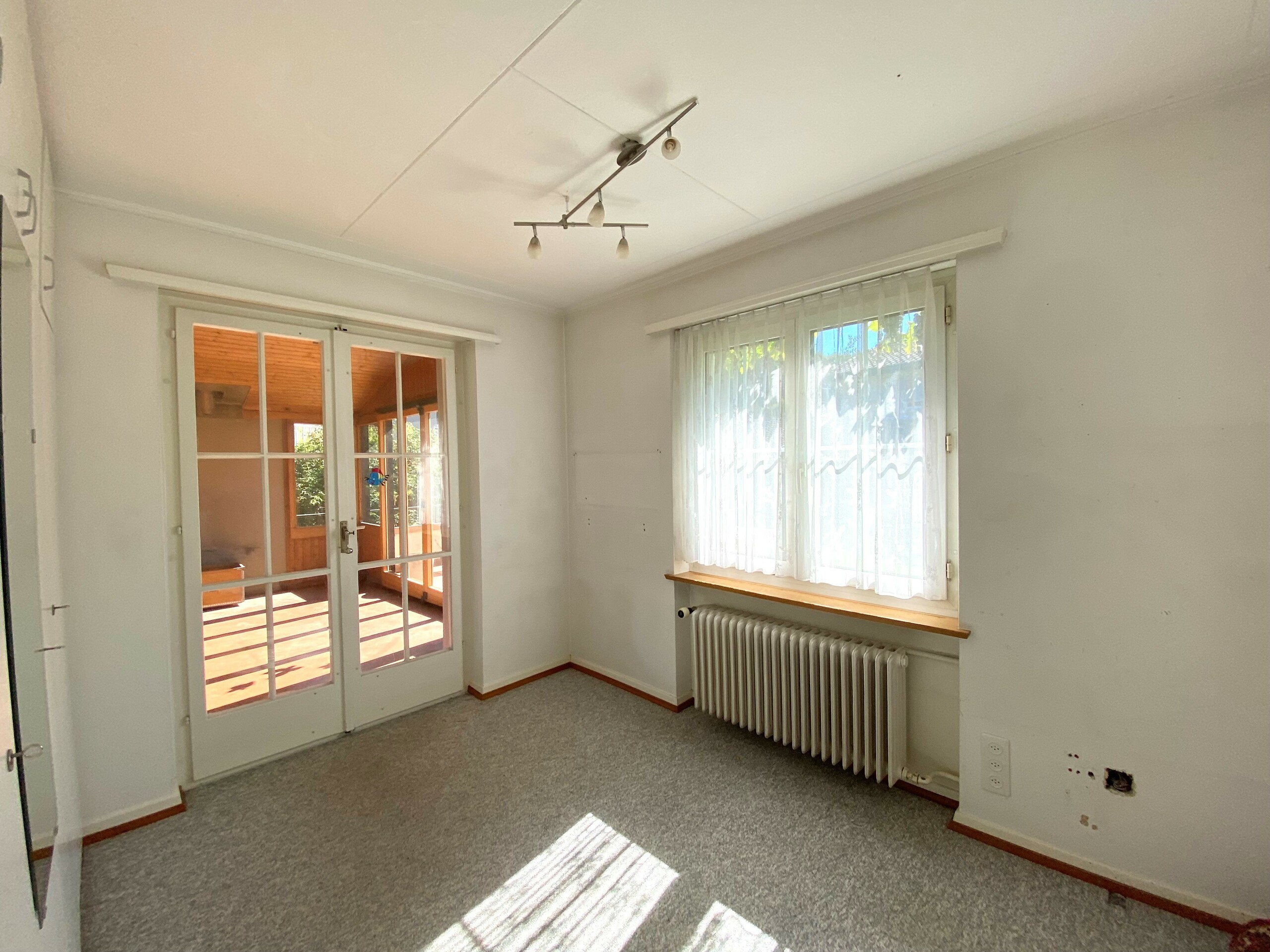 Heller leerer Raum mit Teppichboden und Fenstern