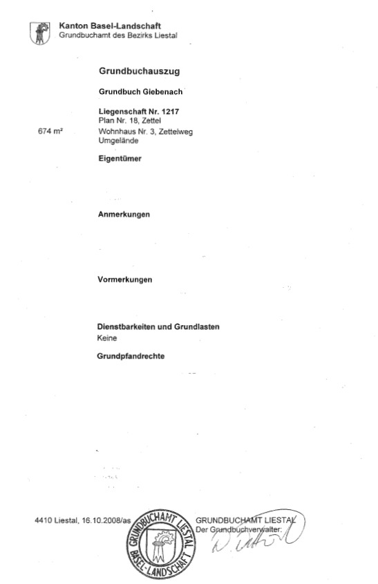 Grundbuchauszug mit amtlichem Stempel
