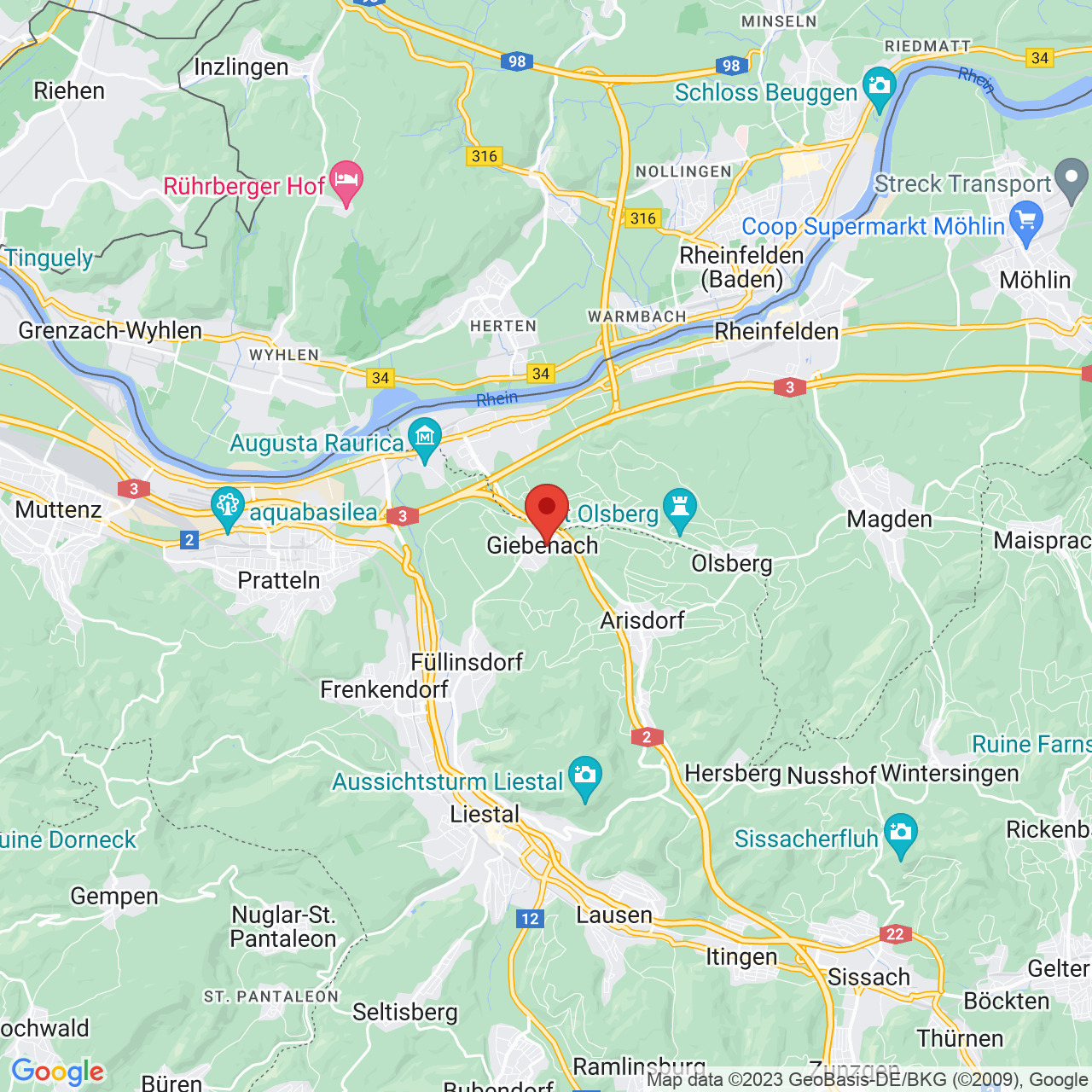 Kartenausschnitt mit Standortmarkierung bei Giebenach