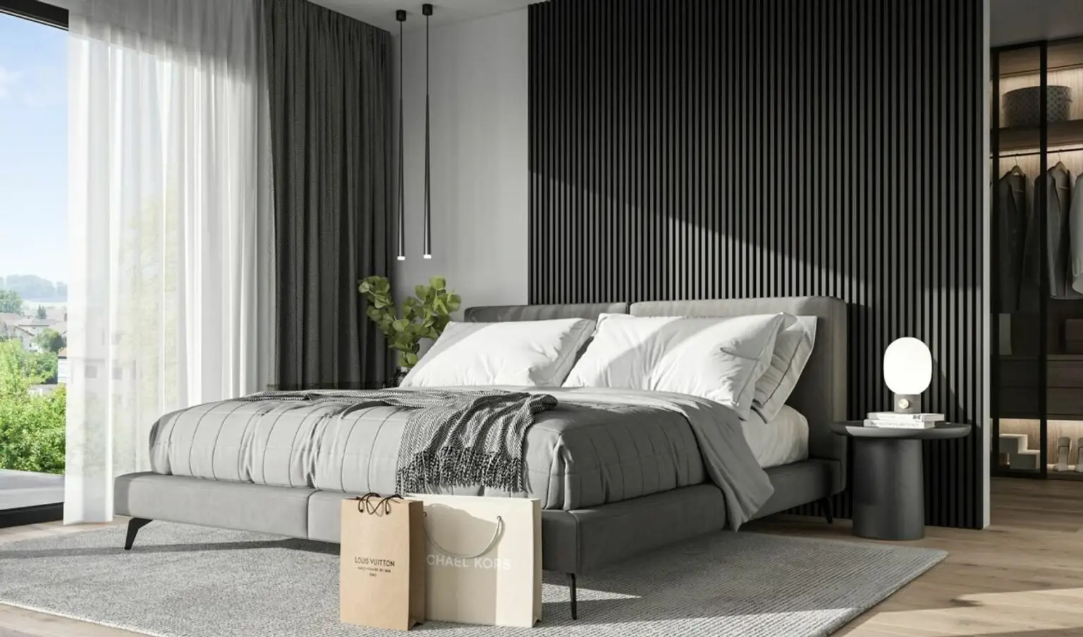 Modernes Schlafzimmer mit bodentiefem Fenster