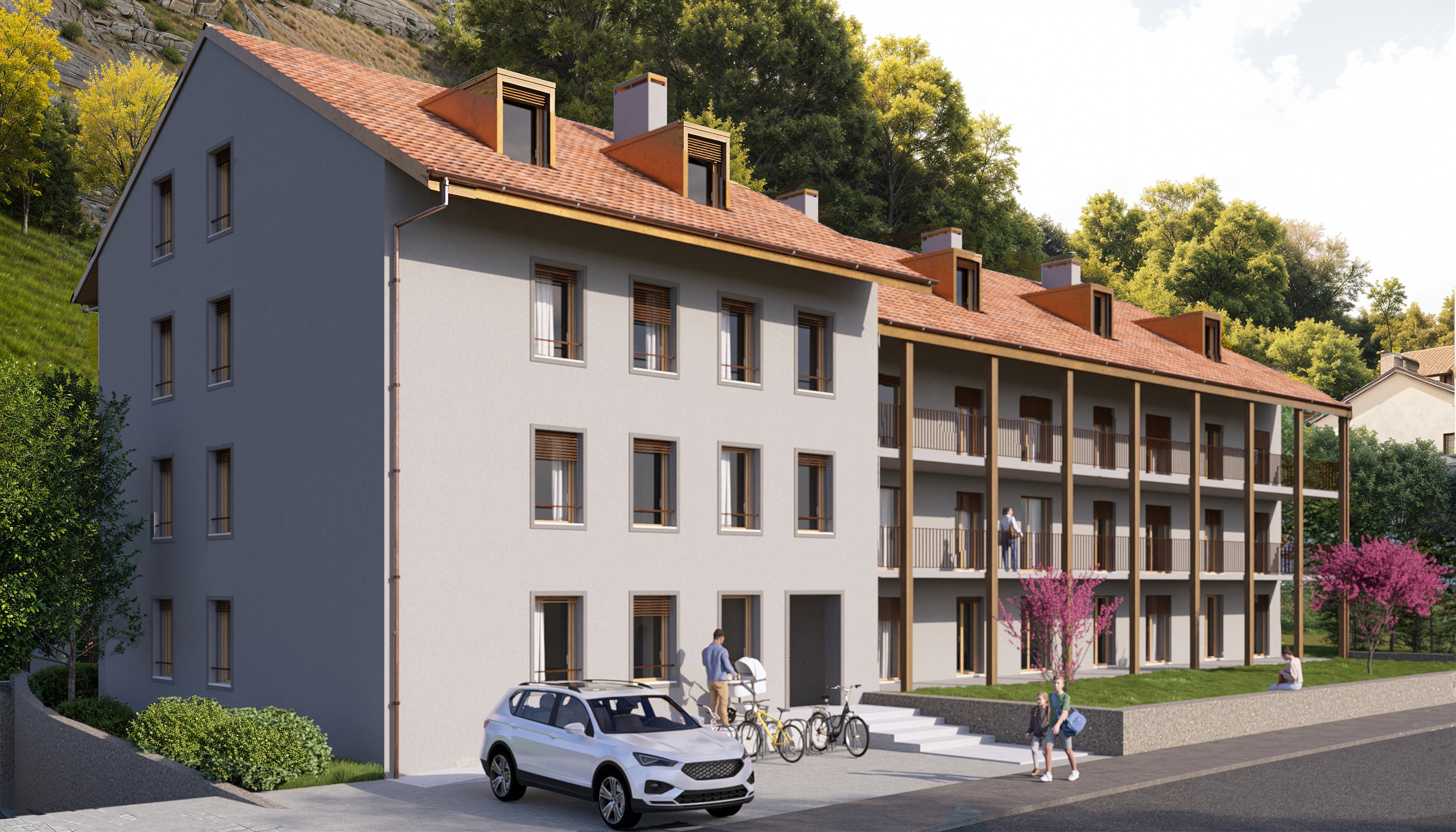 Mehrfamilienhaus mit Satteldach und Balkonen