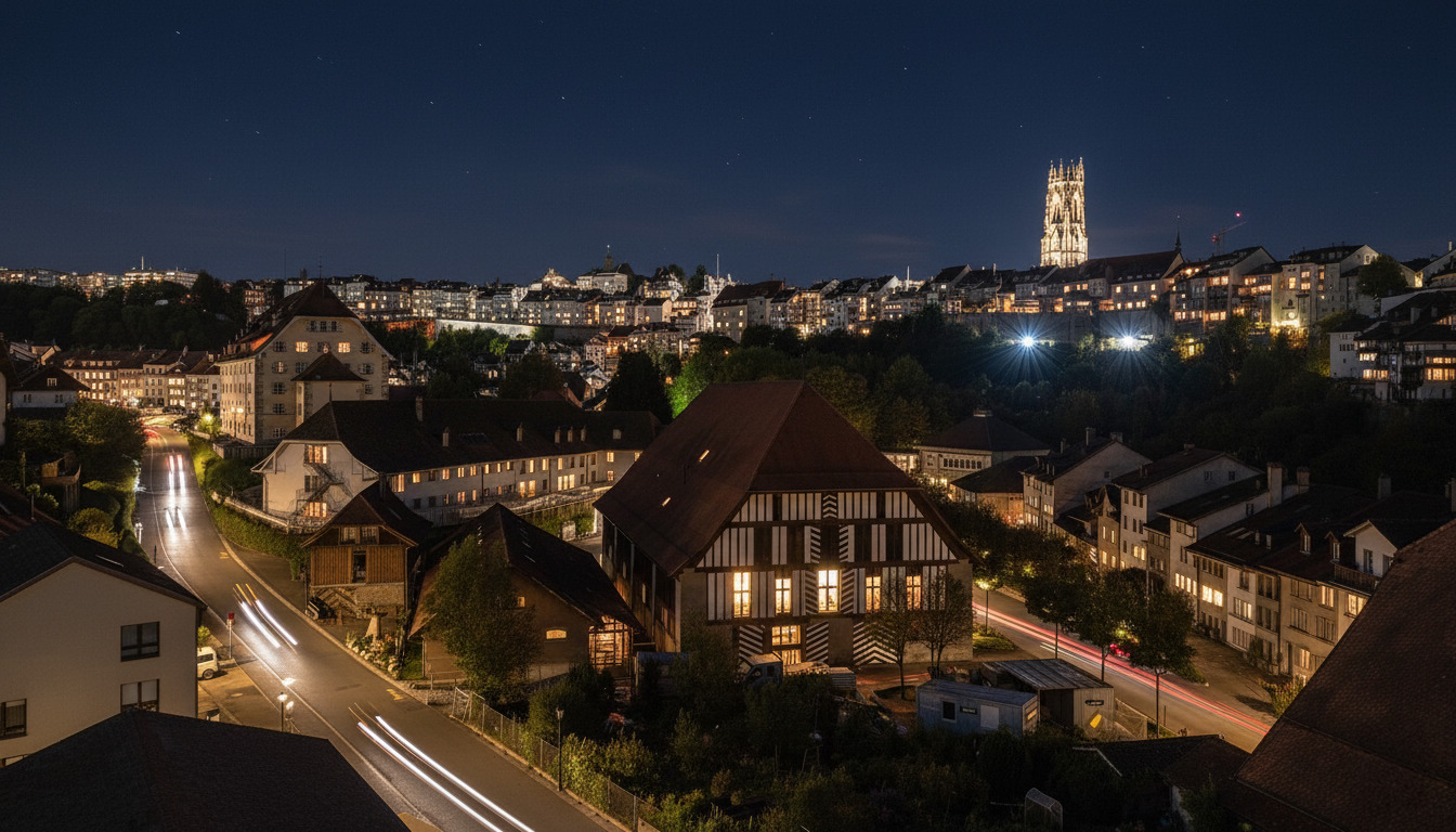 Nächtliche Stadtansicht mit beleuchteter Kirche