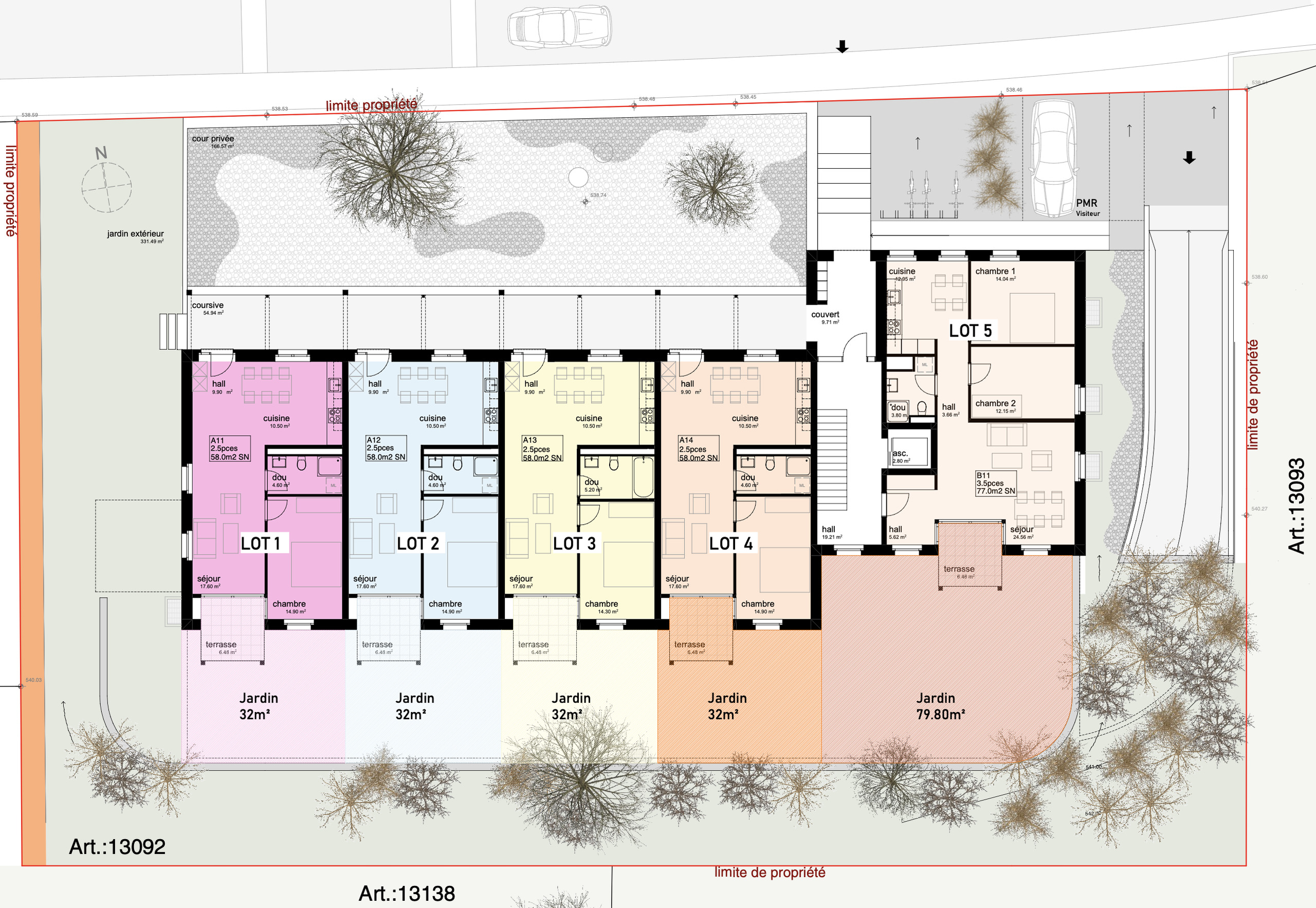 Grundriss eines Mehrparteienhauses mit Gärten und Terrassen