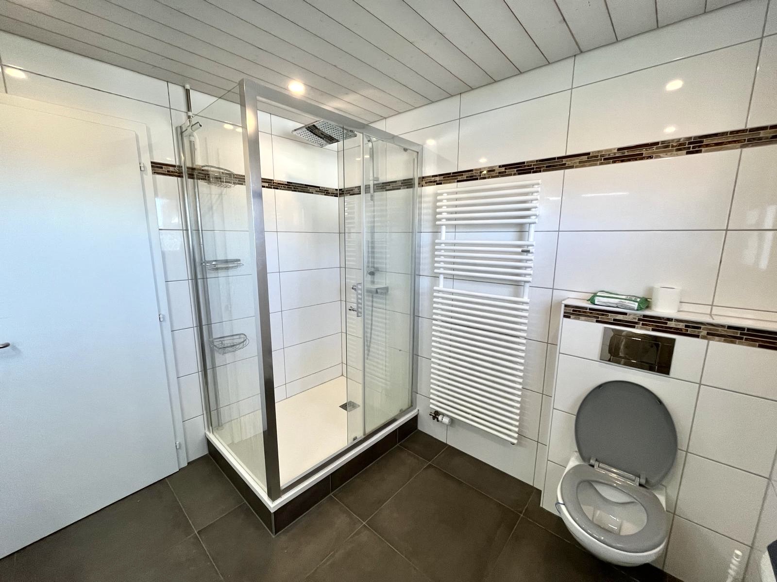 Modernes Badezimmer mit begehbarer Dusche und wandhängendem WC