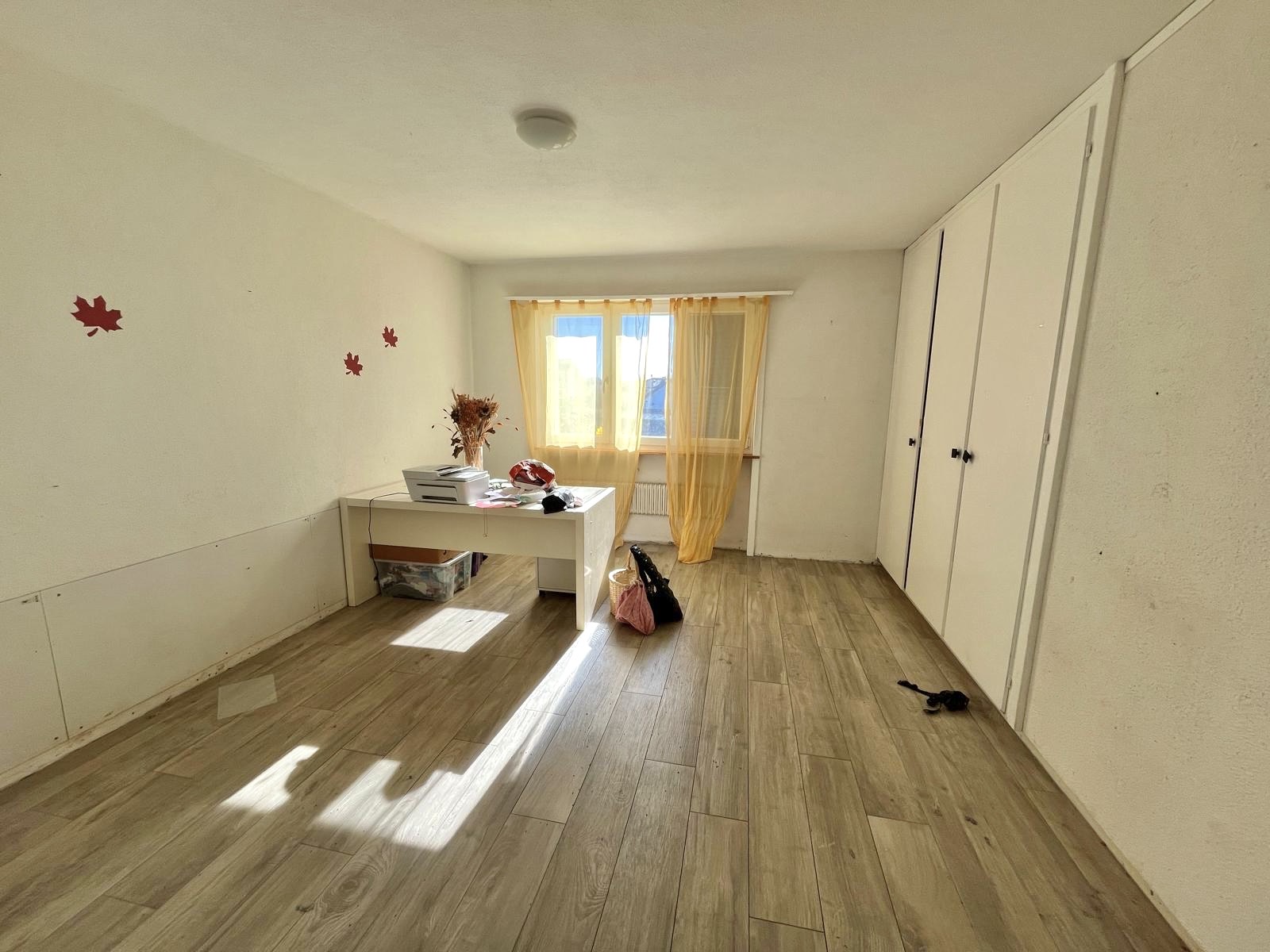 Helles, leer geräumtes Zimmer mit Holzoptikboden und Einbauschrank