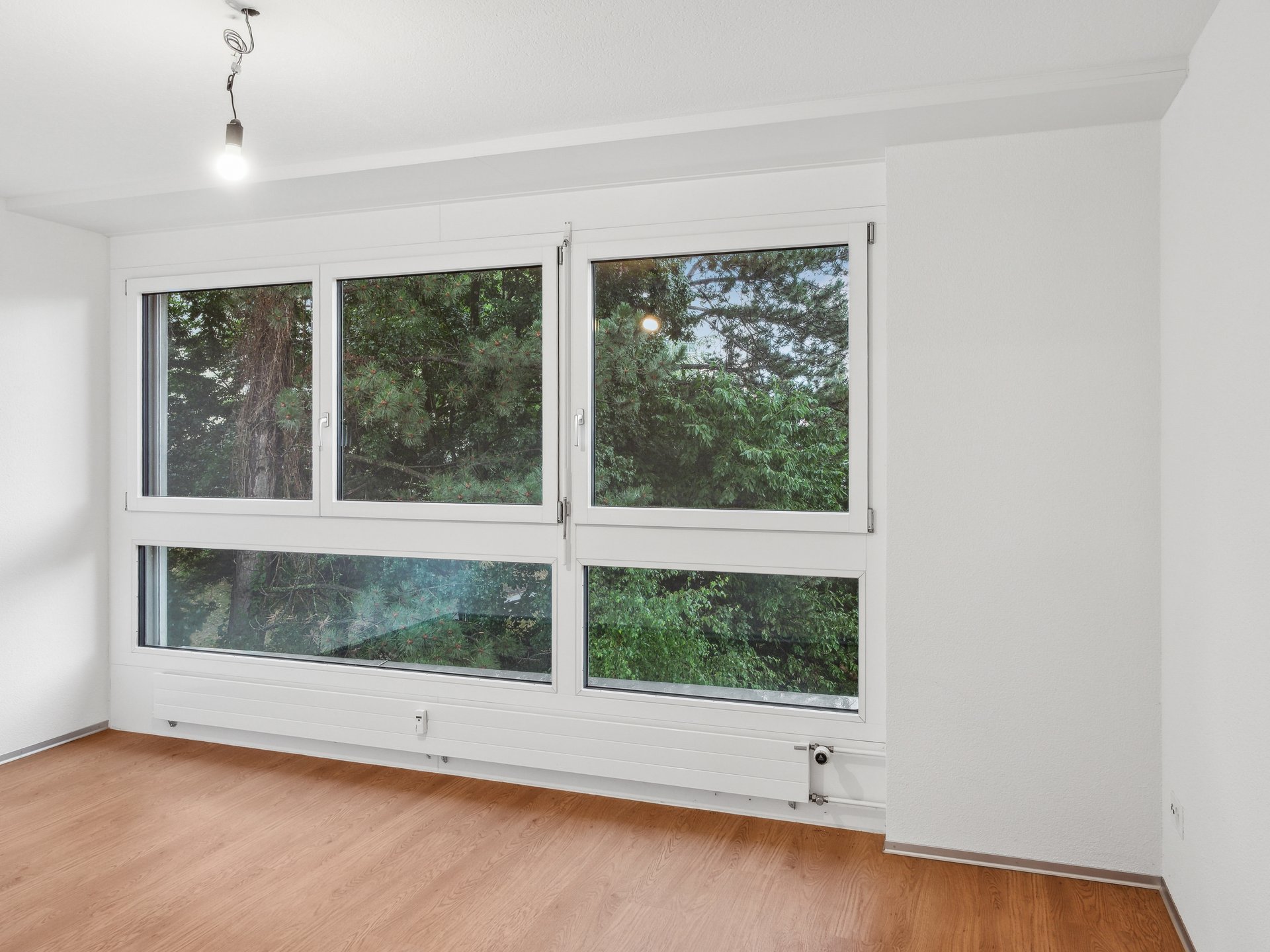 Helles Zimmer mit großer Fensterfront und Holzoptikboden