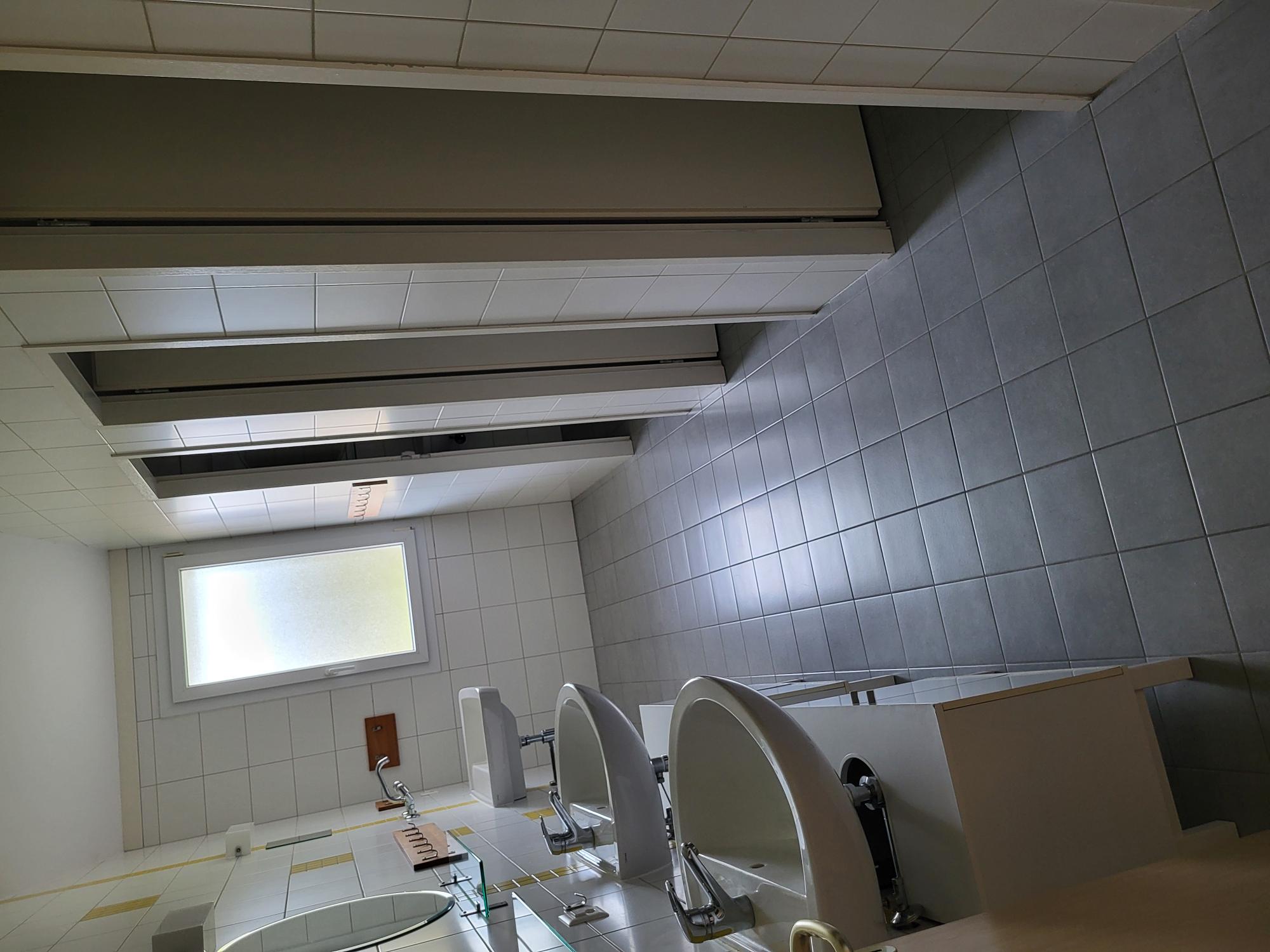 Langes Badezimmer mit Waschbeckenreihe