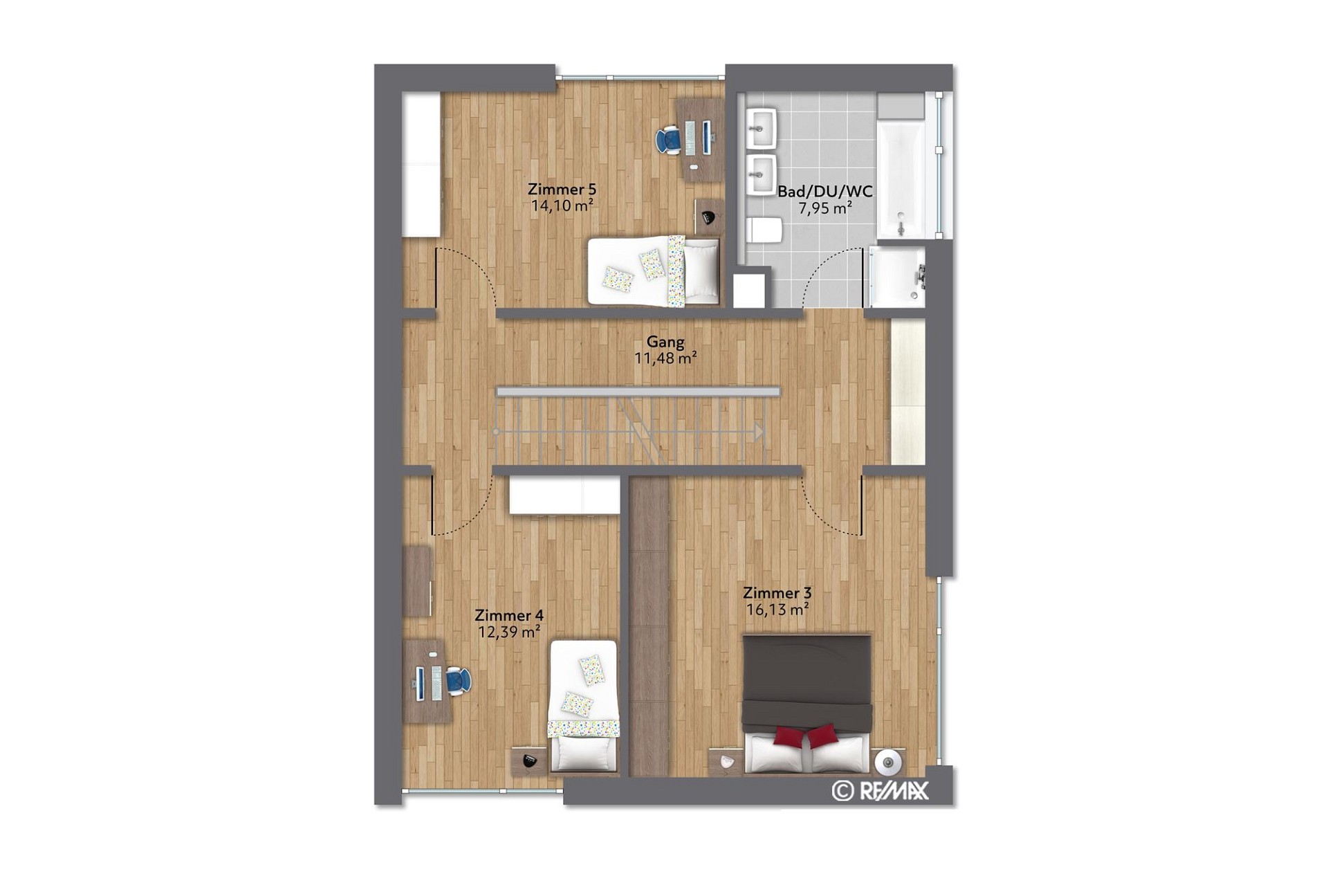 Grundriss einer Wohnung mit drei Zimmern, Gang und Bad/DU/WC