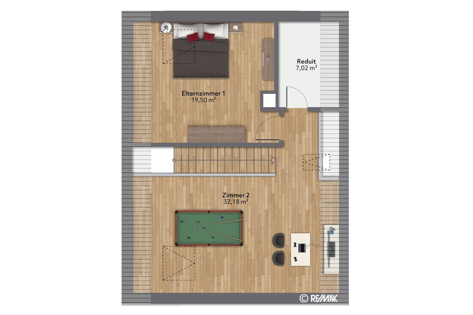 Grundriss eines Dachgeschosses mit Schlafzimmer und Hobbyraum