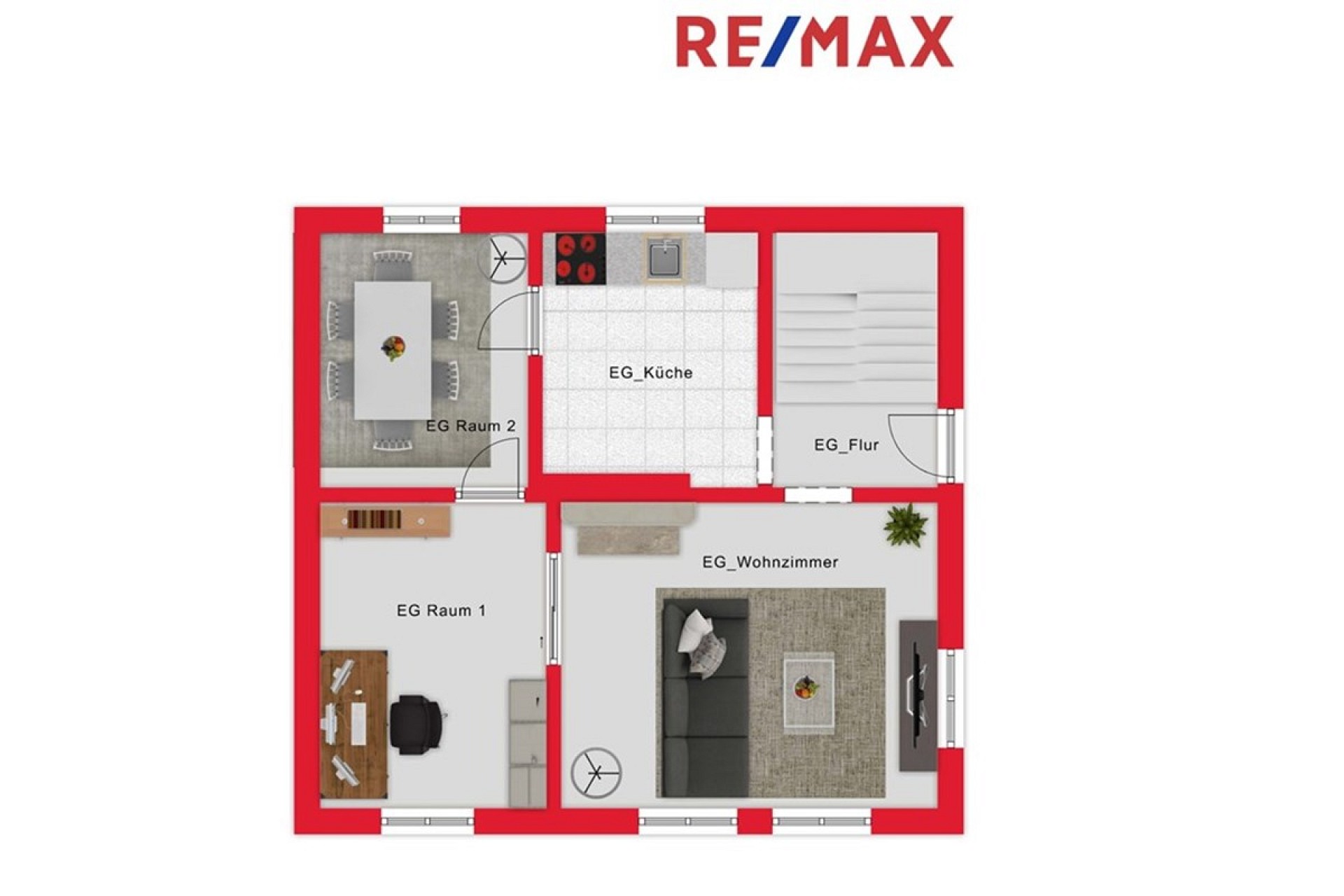 Grundriss eines Erdgeschosses mit Wohnzimmer, Küche, Flur und zwei weiteren Räumen