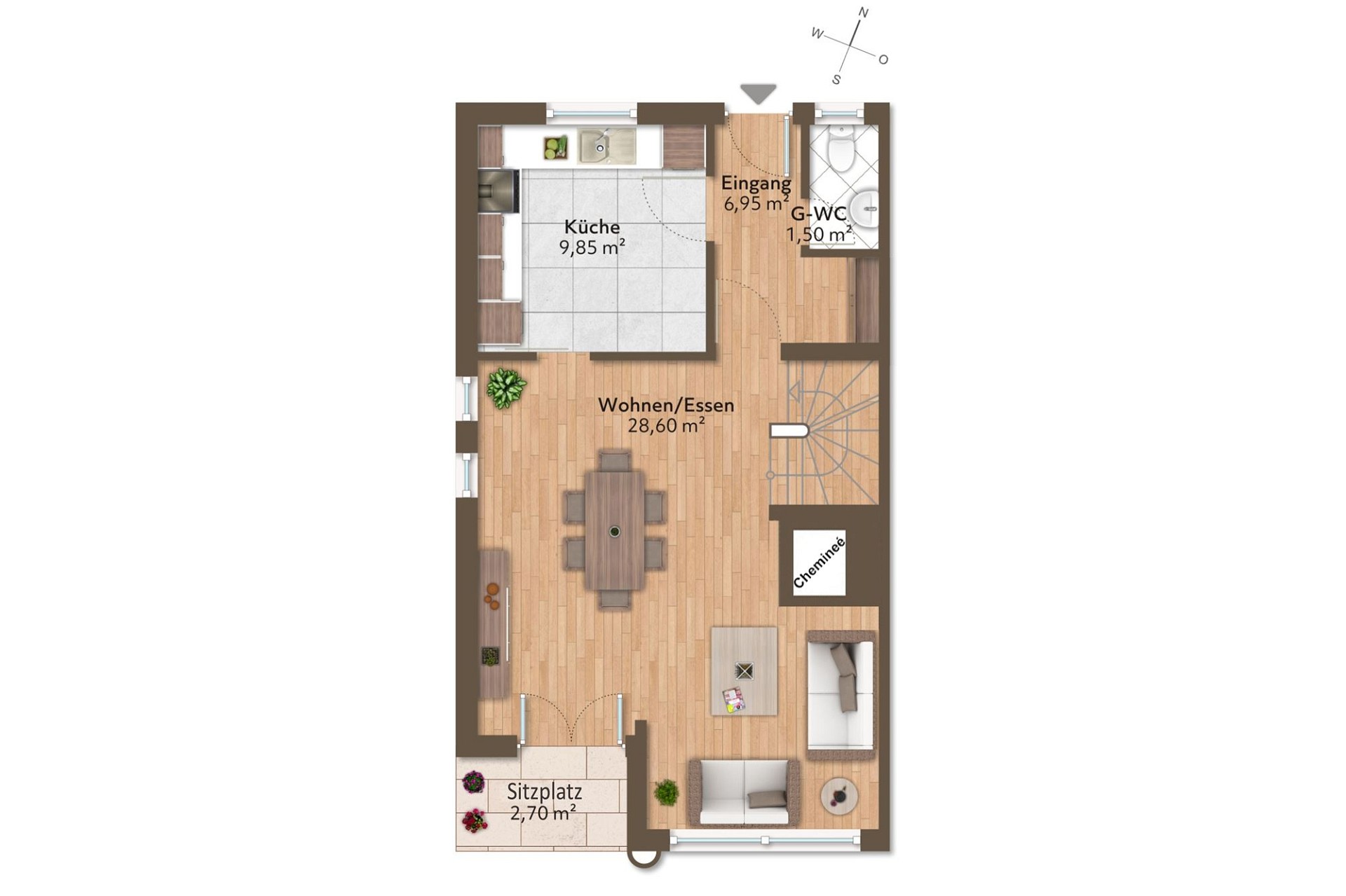 Grundriss einer Wohnung mit Wohn-Essbereich, Küche, Eingang, Gäste-WC, Treppenbereich und Sitzplatz.