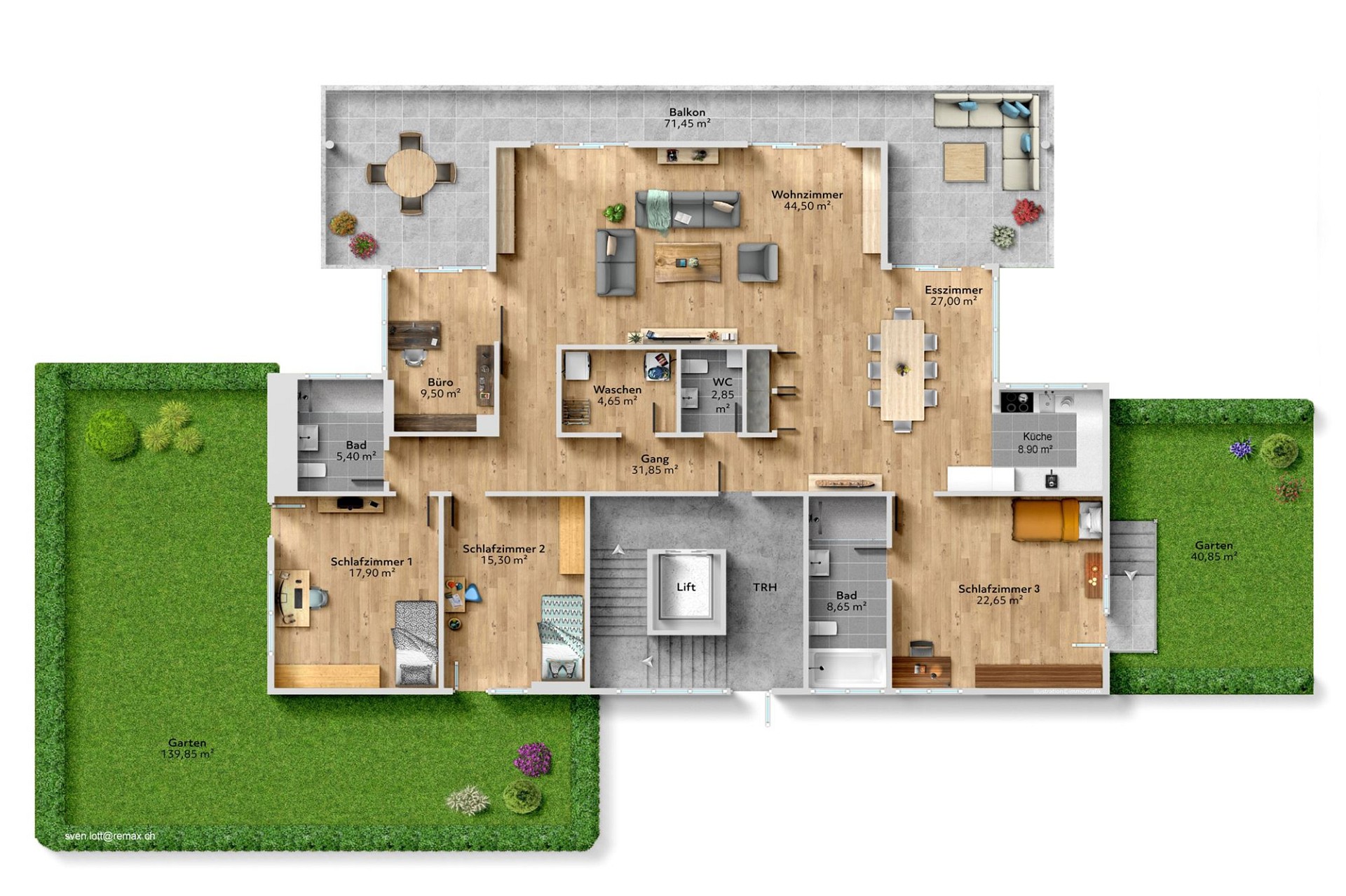 Grundriss mit Wohn- und Schlafbereichen, Balkon und Garten