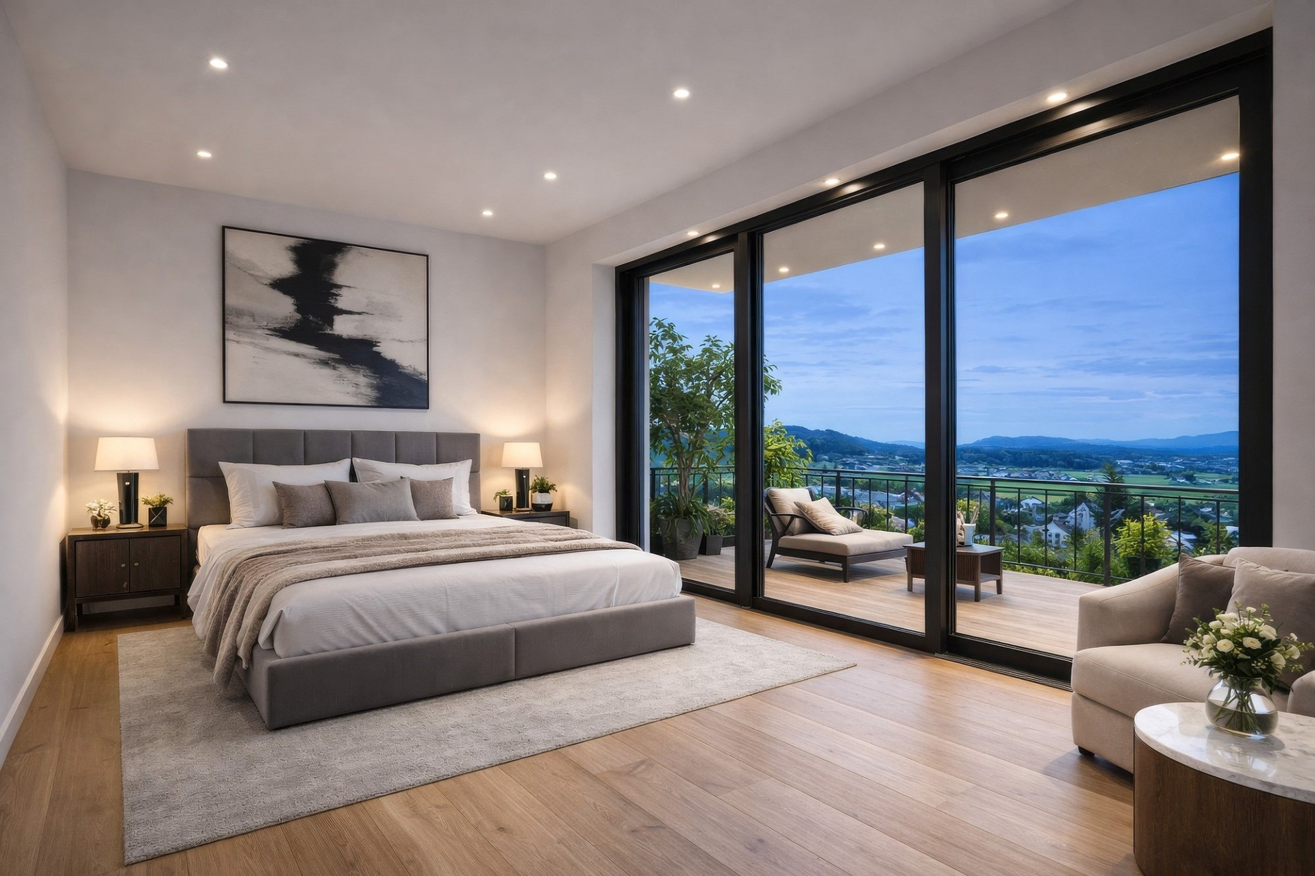 Modernes Schlafzimmer mit Balkonblick