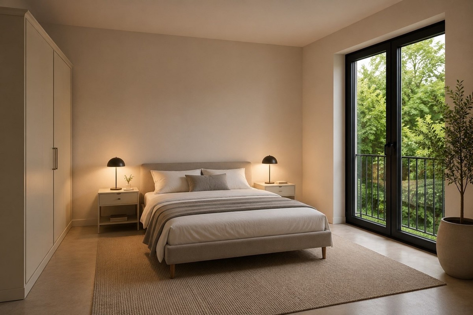 Modernes Schlafzimmer mit Balkonblick