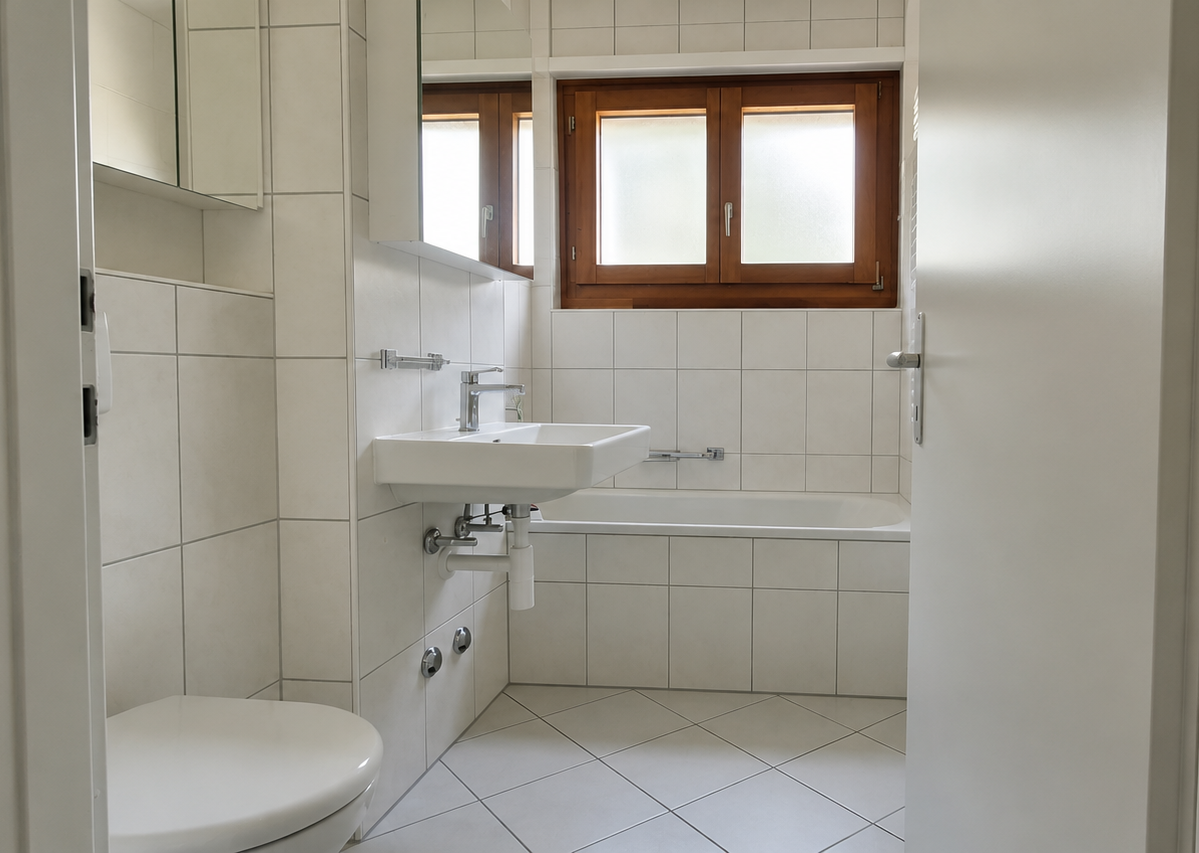 Helles Badezimmer mit Wanne und Fenster