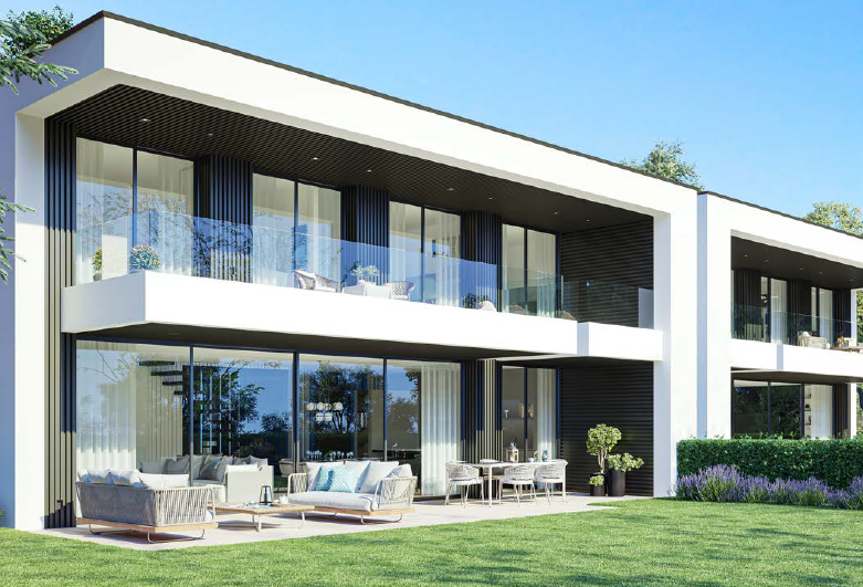 Moderne Außenansicht eines luxuriösen Hauses mit Terrasse