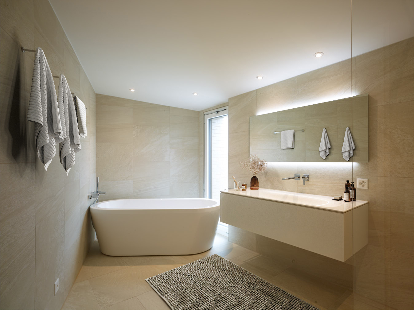 Modernes Badezimmer mit freistehender Wanne und Waschtisch