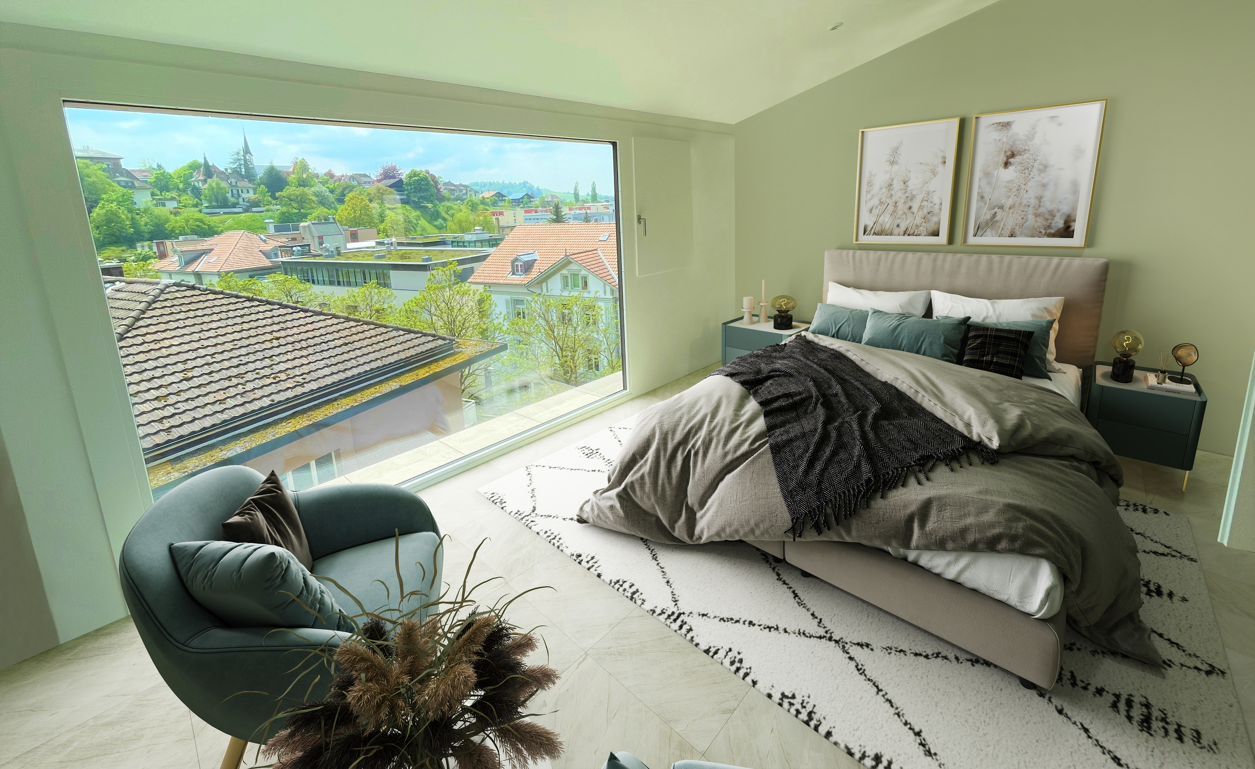 Helles Schlafzimmer mit großem Panoramafenster