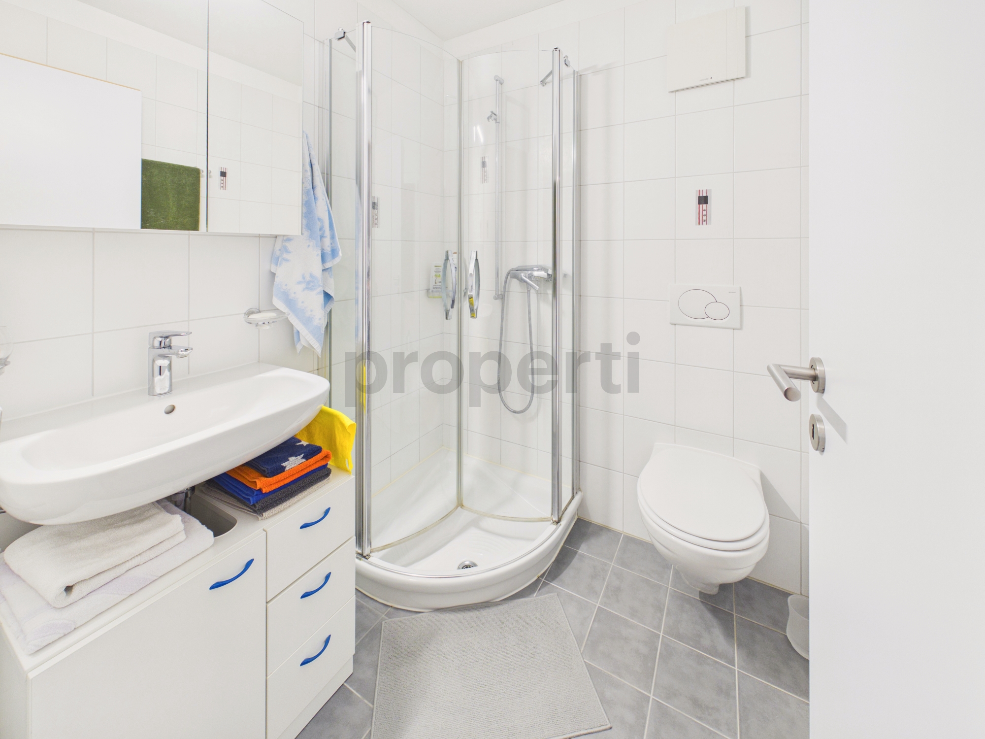 Modernes Badezimmer mit Dusche, WC und Waschplatz