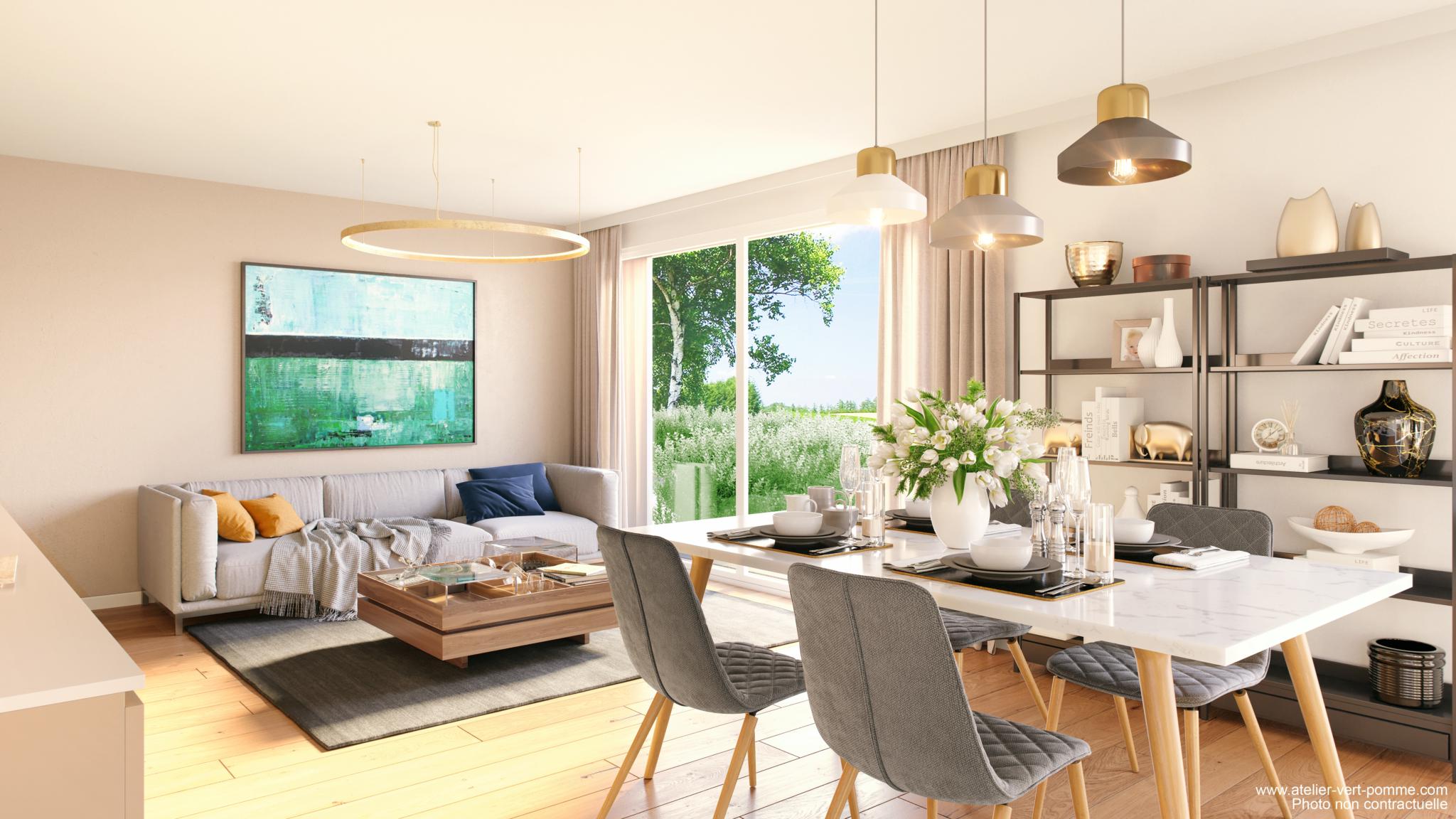 Helles, modern gestyltes Wohn- und Esszimmer