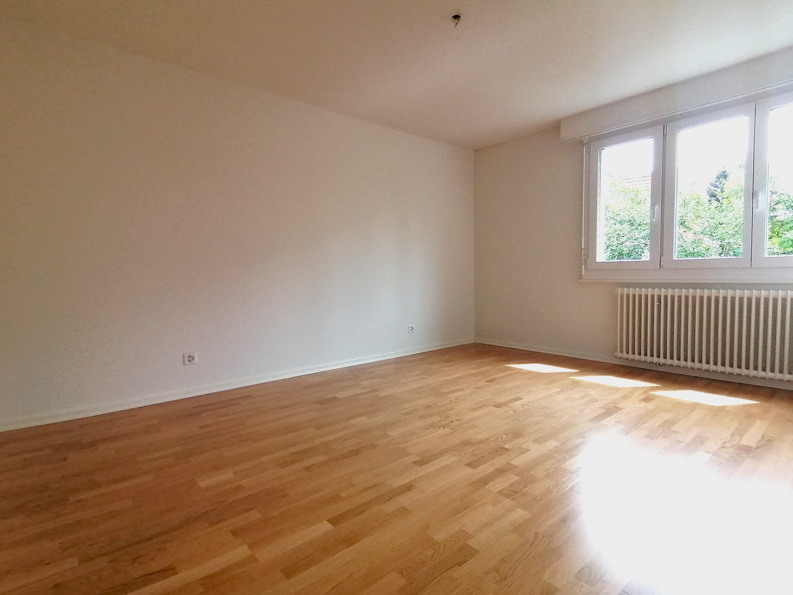 Leerer, heller Wohnraum mit Parkettboden