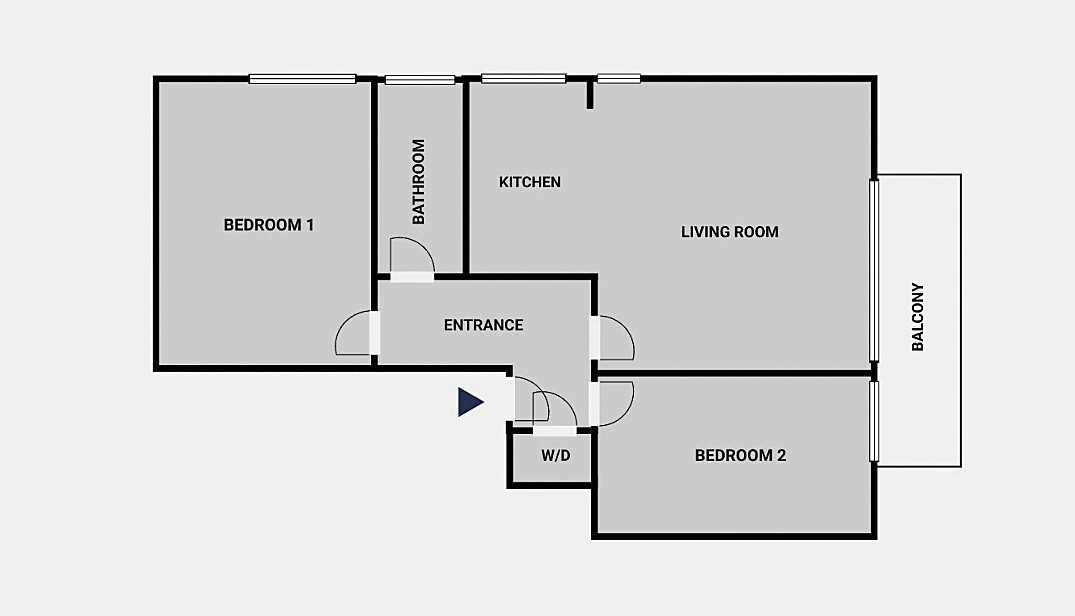 Grundriss einer Wohnung mit zwei Schlafzimmern, Wohnzimmer, Küche, Bad, Eingang und Balkon