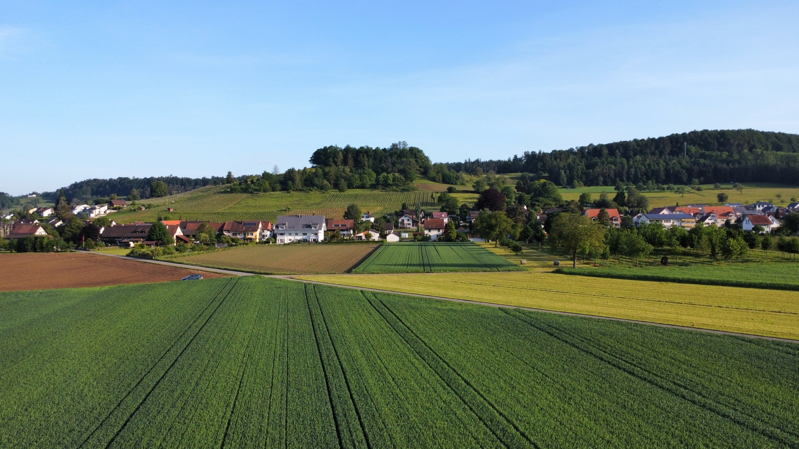 Landschaft mit Feldern und Dorf
