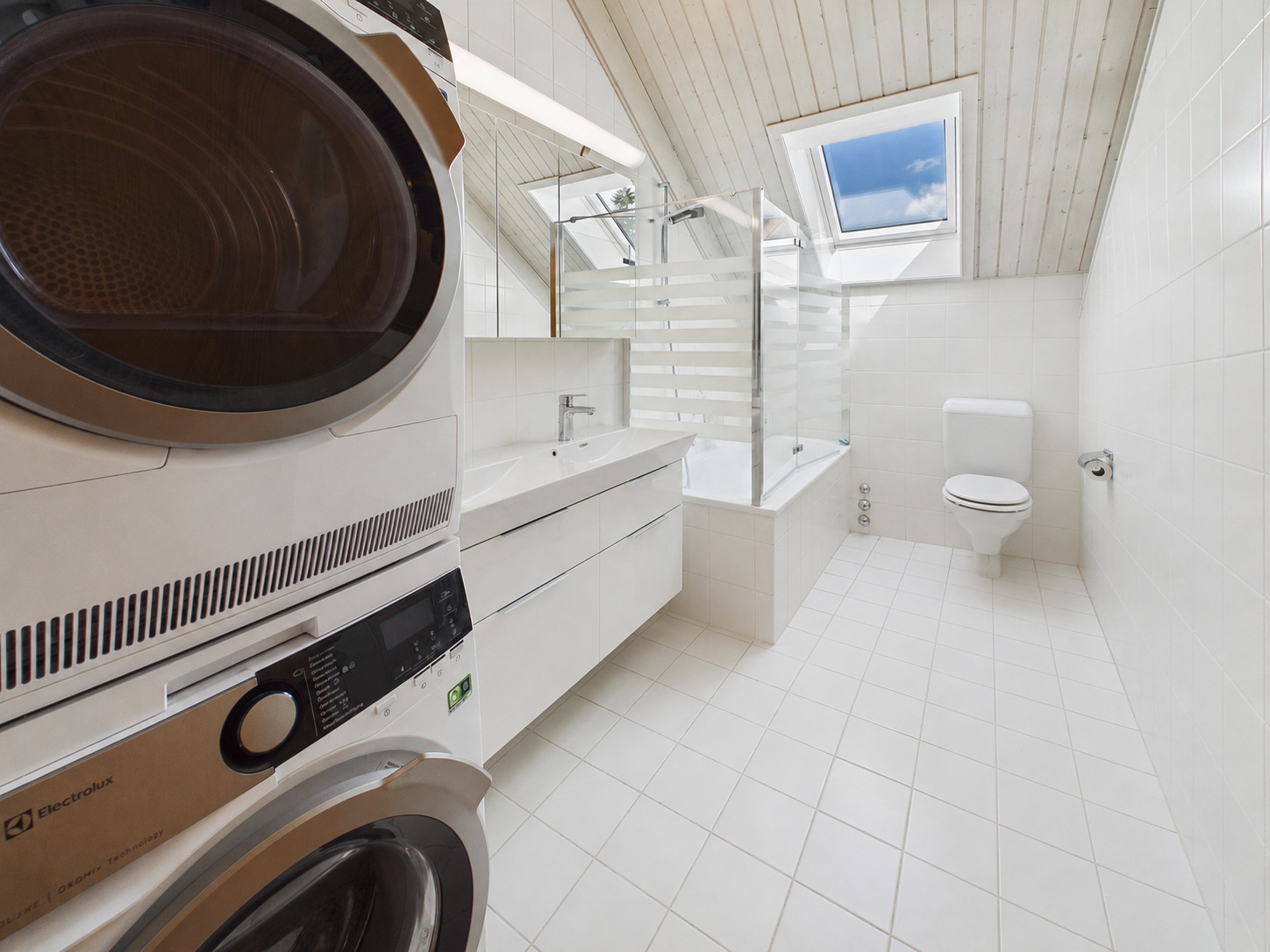 Modernes Badezimmer mit Dachfenster und Sauna-/Waschbereich