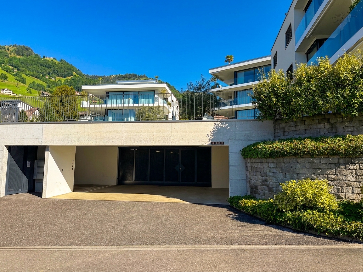 Moderne Außenansicht mit Tiefgarage und Wohngebäuden