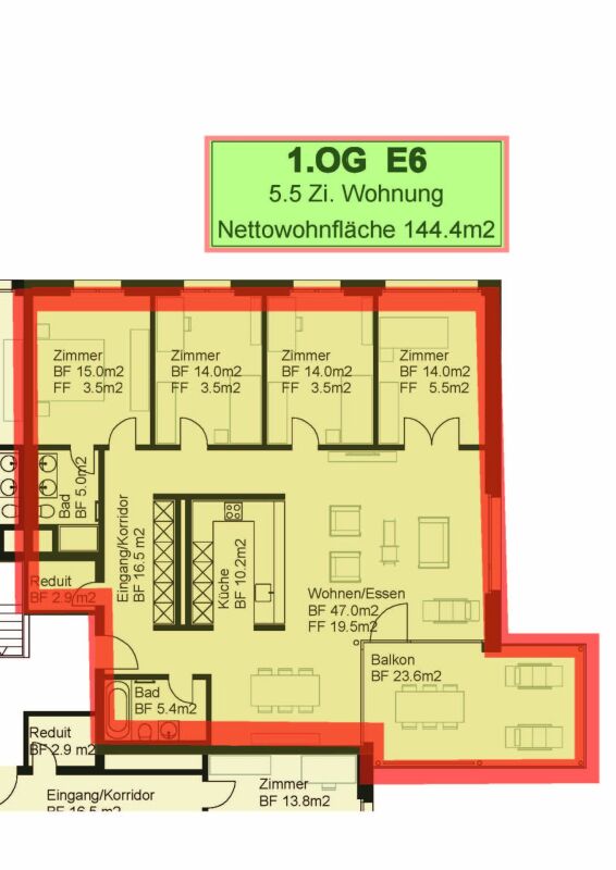 Grundriss einer 5,5-Zimmer-Wohnung im 1. OG / EG