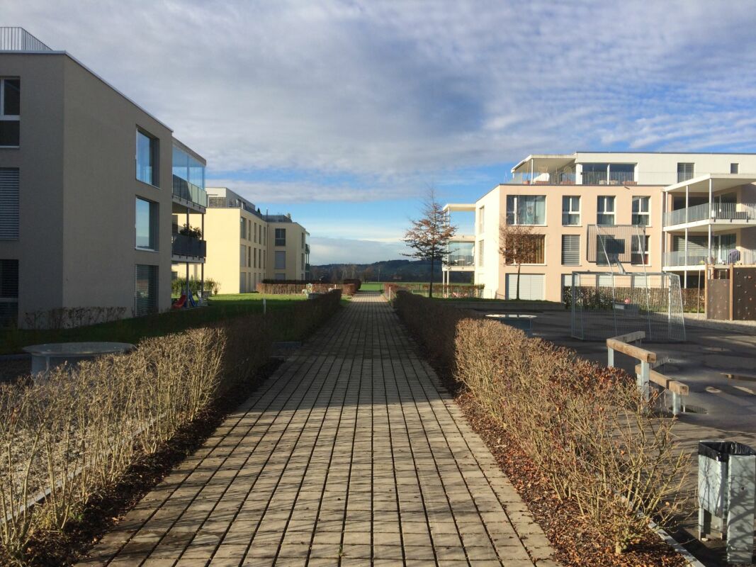 Moderne Wohnanlage mit begrüntem Innenhofweg