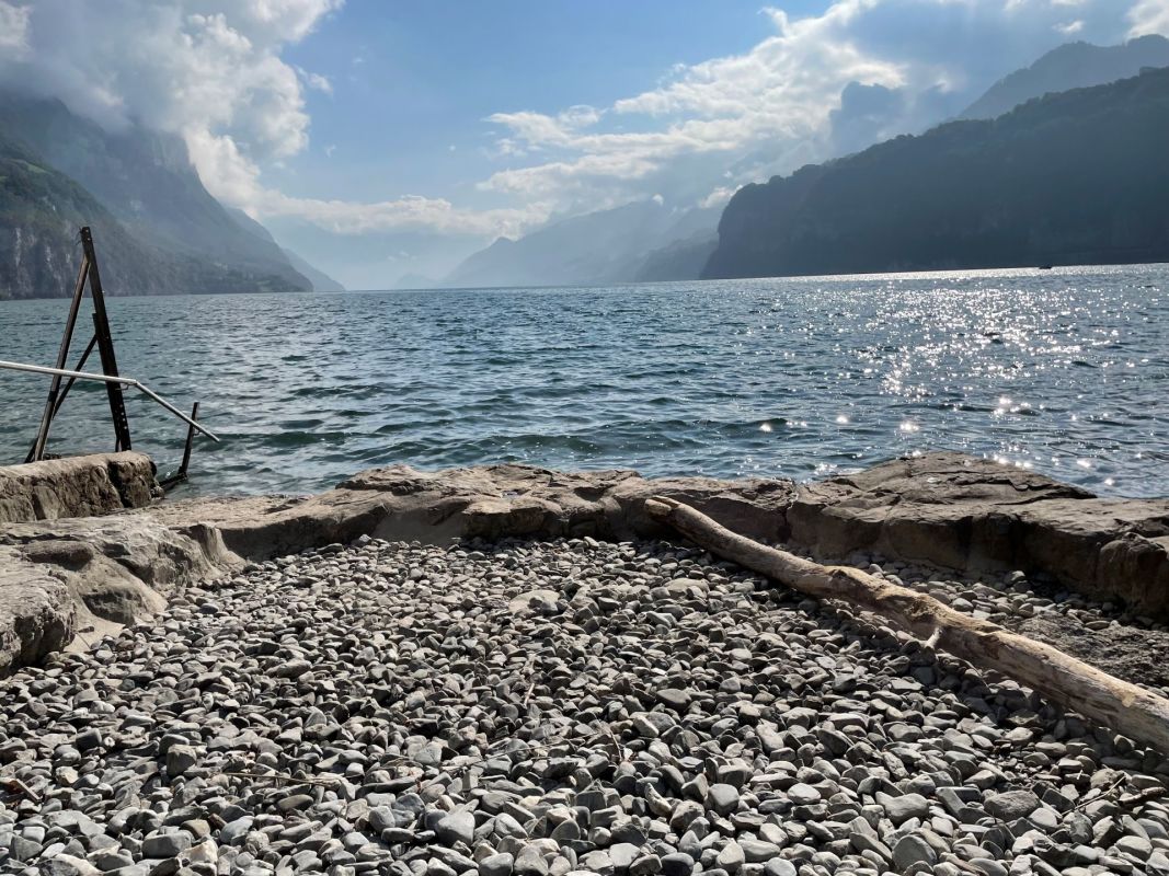 Seeblick mit Ufer und Bergen