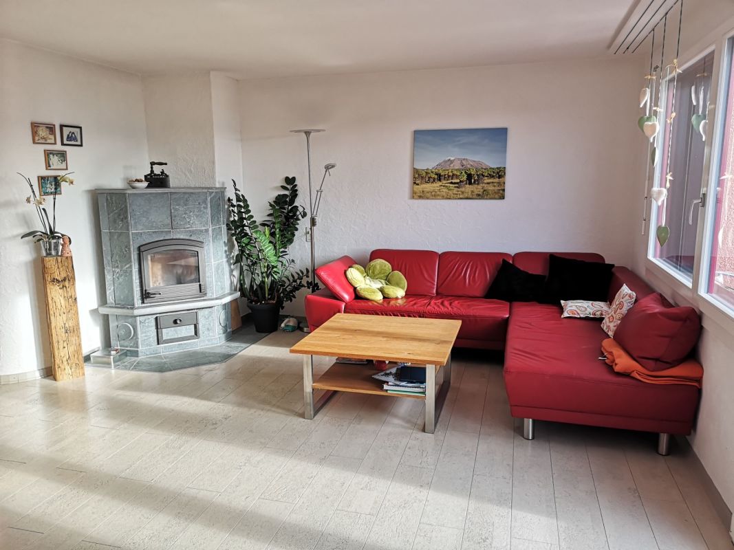 Wohnzimmer mit Kamin und rotem Ecksofa