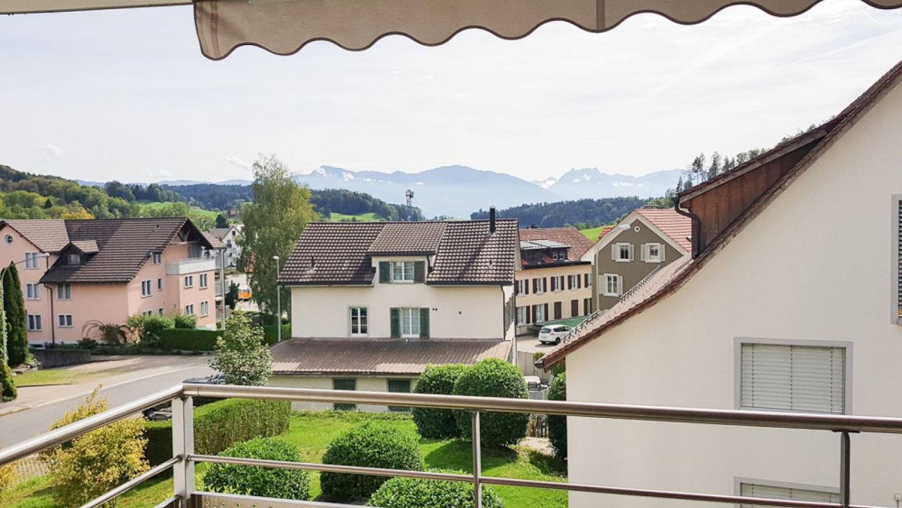 Balkonblick auf Wohngebiet und Berge