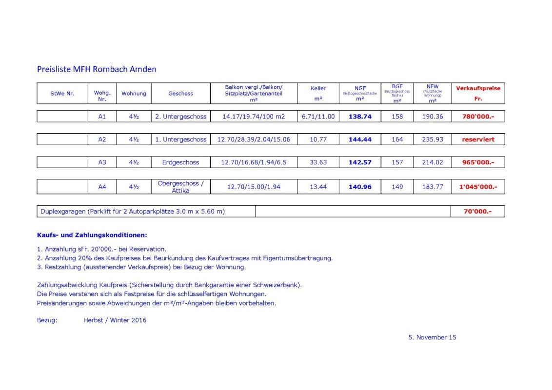 Preisblatt einer Wohnungsanlage